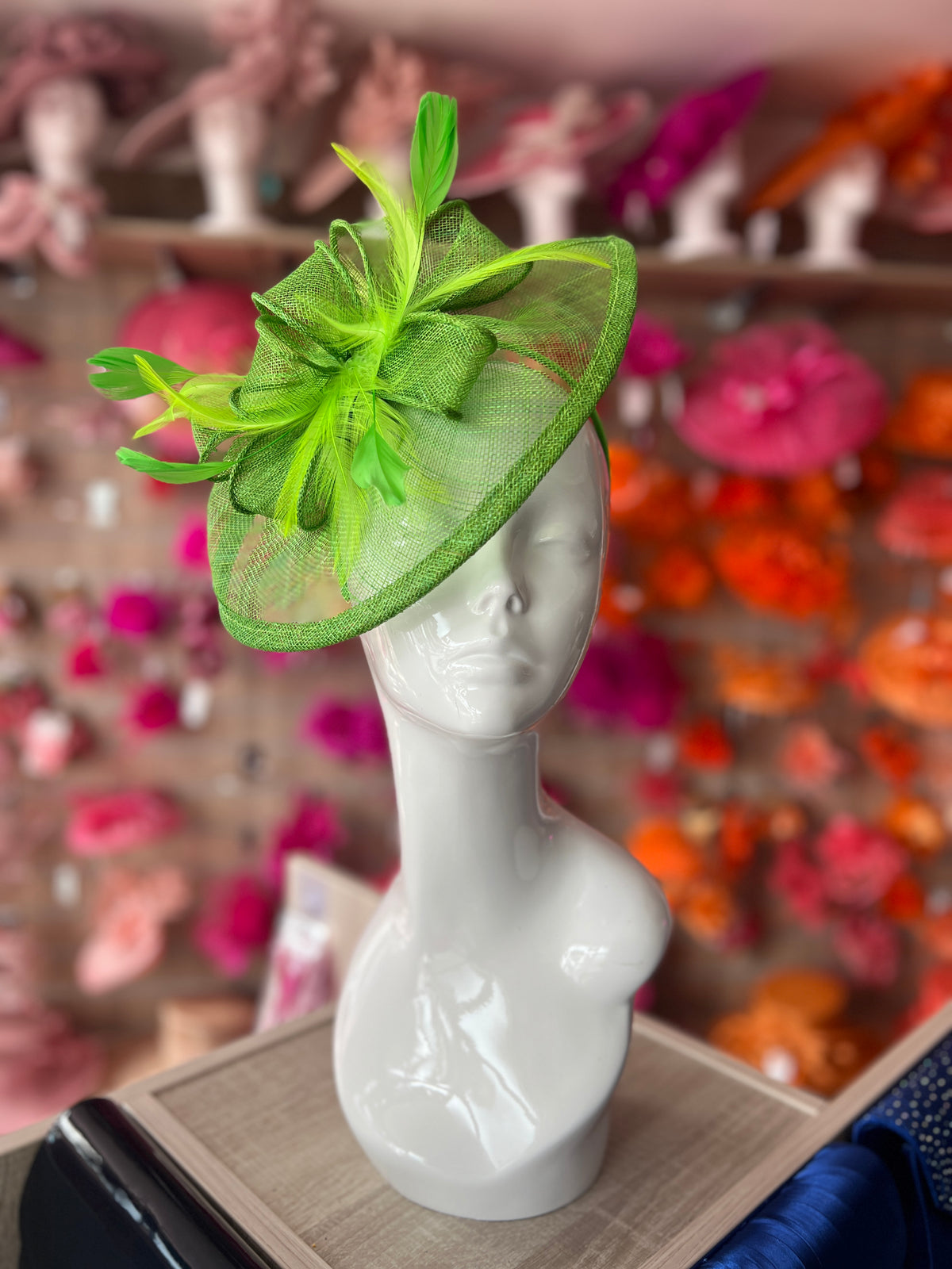 SPRING GREEN FASCINATOR WITH RUCHED SINAMAY &amp; LOOPS