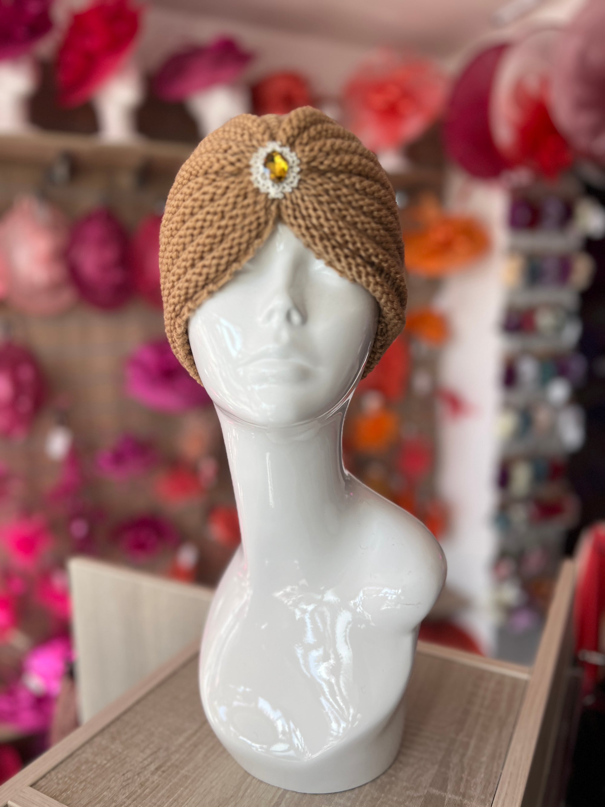 Camel Winter Turban Hat With Embellishment