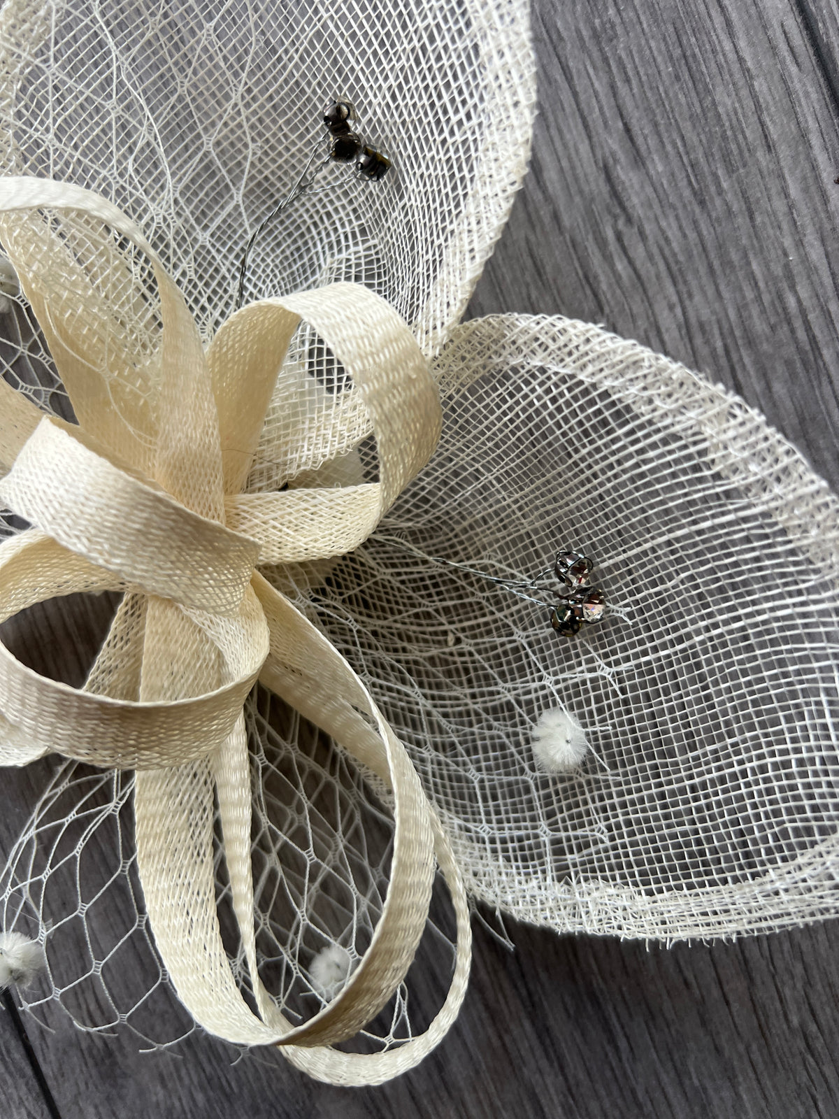 Cream Hair Fascinator With Netting &amp; Diamantes