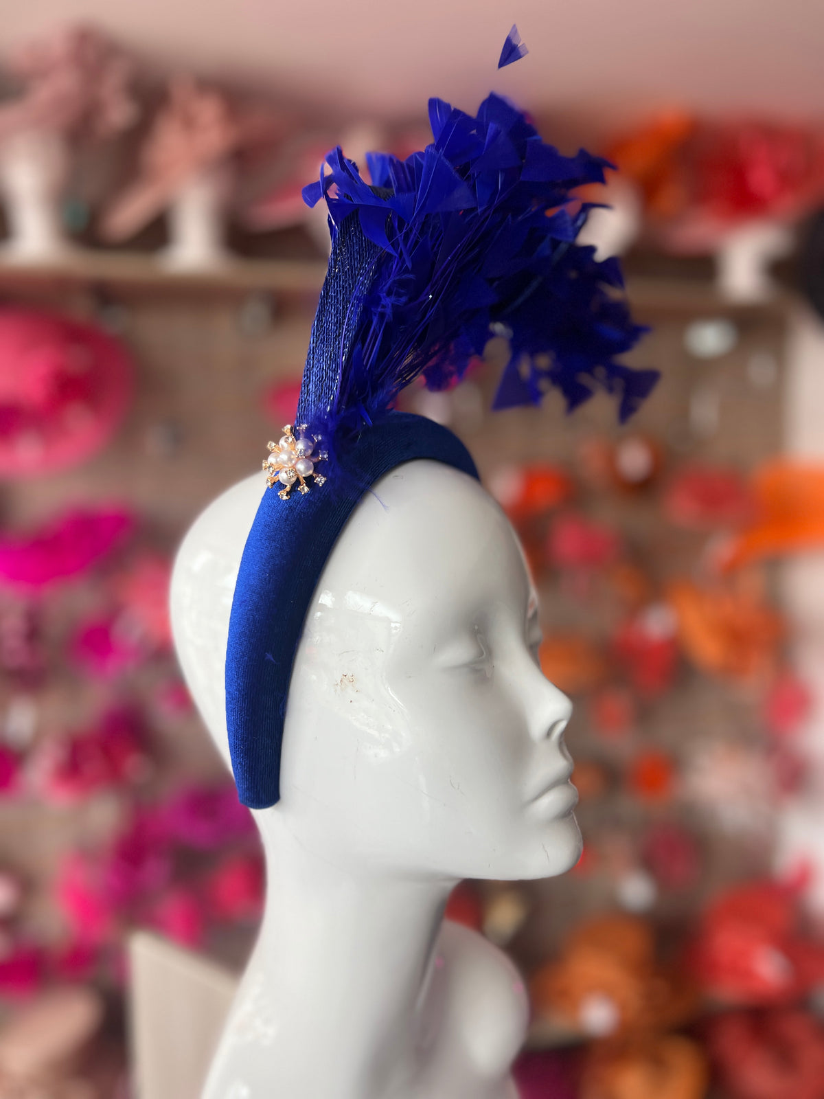 Royal Blue Feather Velvet Padded Headband Fascinator With Diamante &amp; Pearl Cluster
