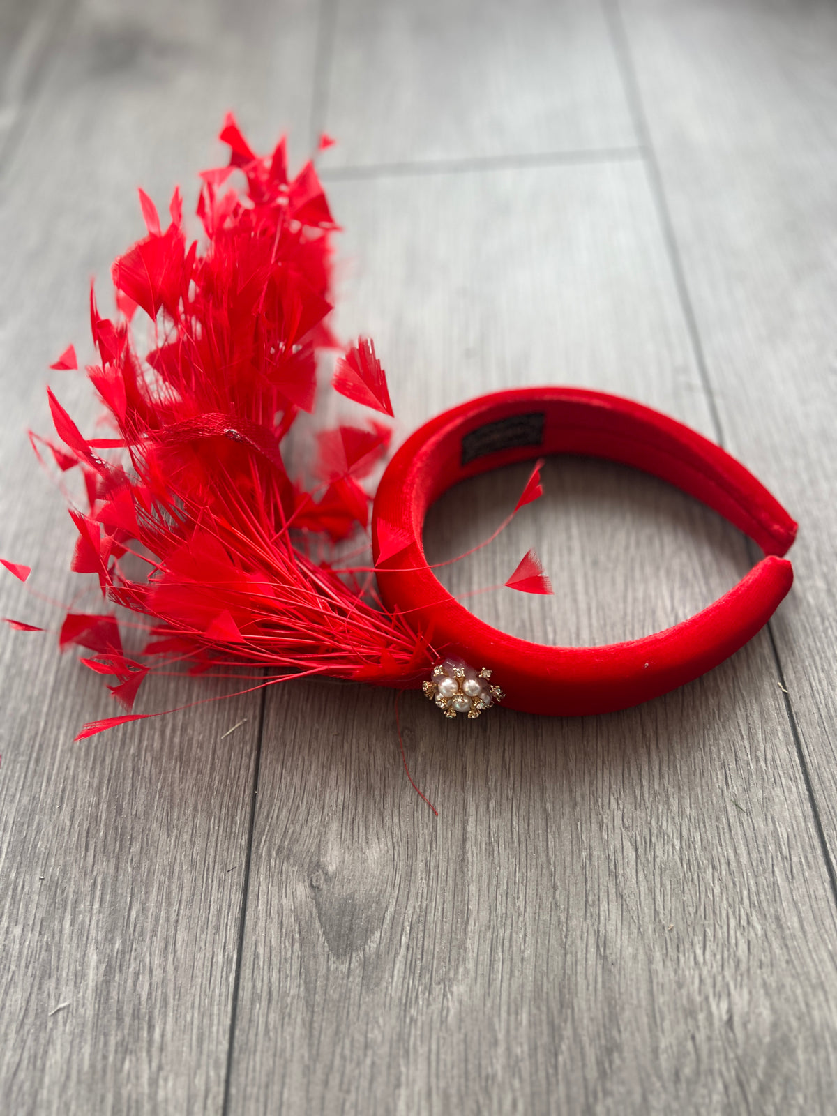 Red Feather Velvet Padded Headband Fascinator With Diamante &amp; Pearl Cluster