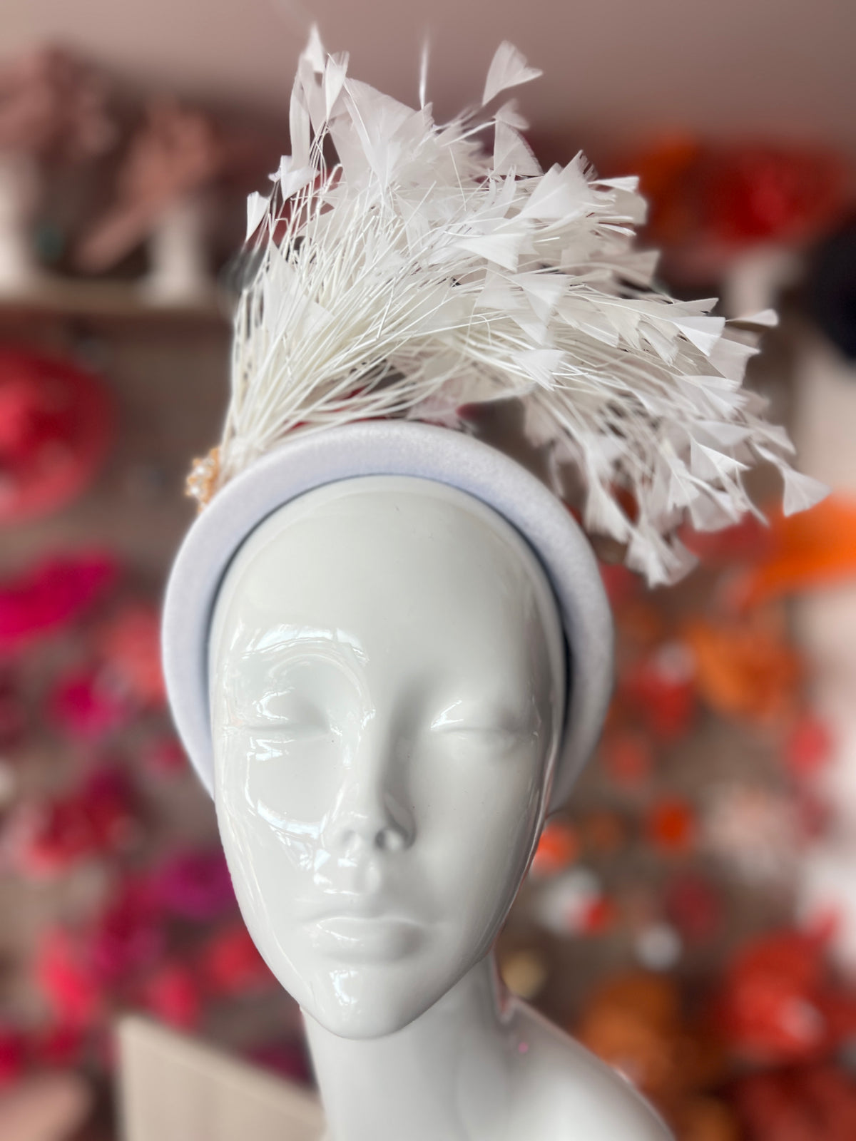 White Feather Velvet Padded Headband Fascinator With Diamante &amp; Pearl Cluster