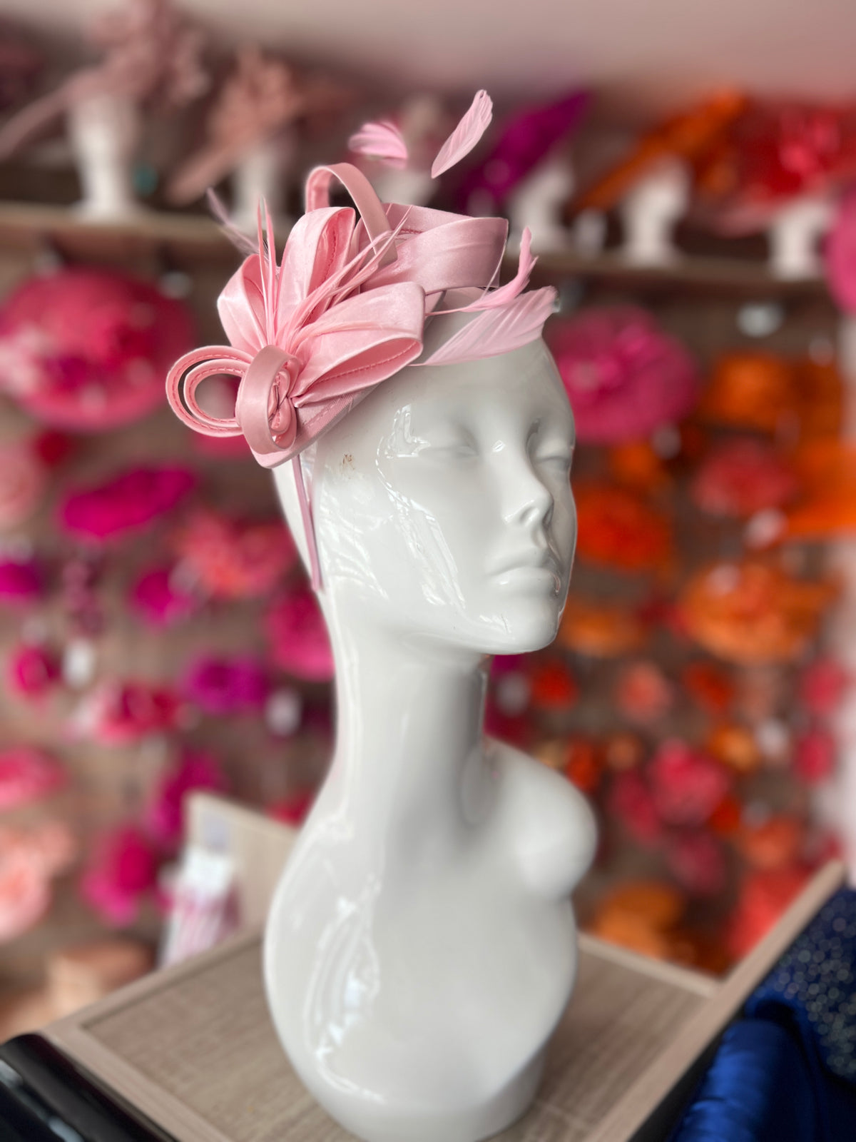Baby Pink Fascinator Headband With Looped Satin &amp; Feathers
