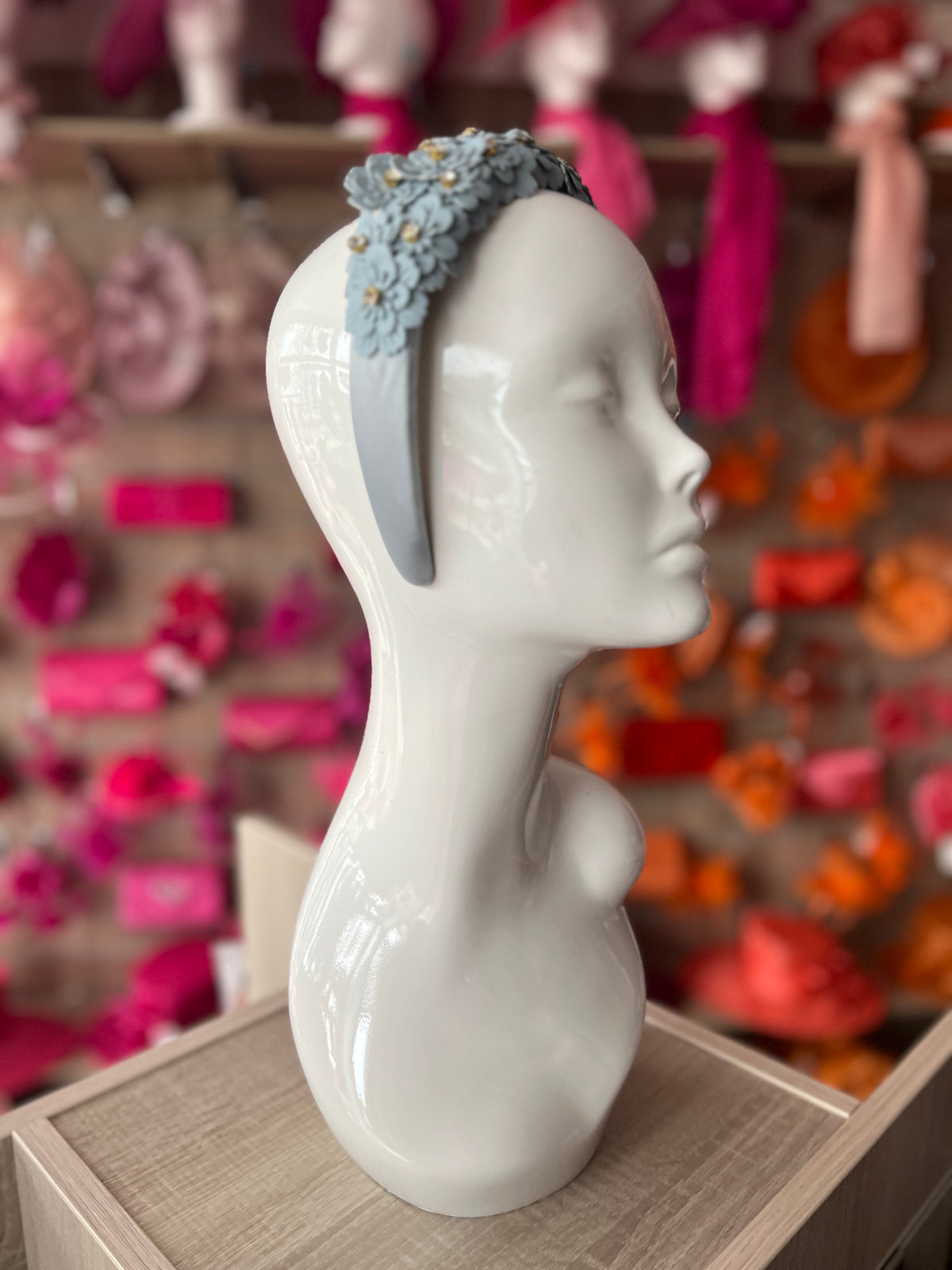 Cornflower Blue Headband With Faux Leather Lazer Cut Flowers &amp; Crystals