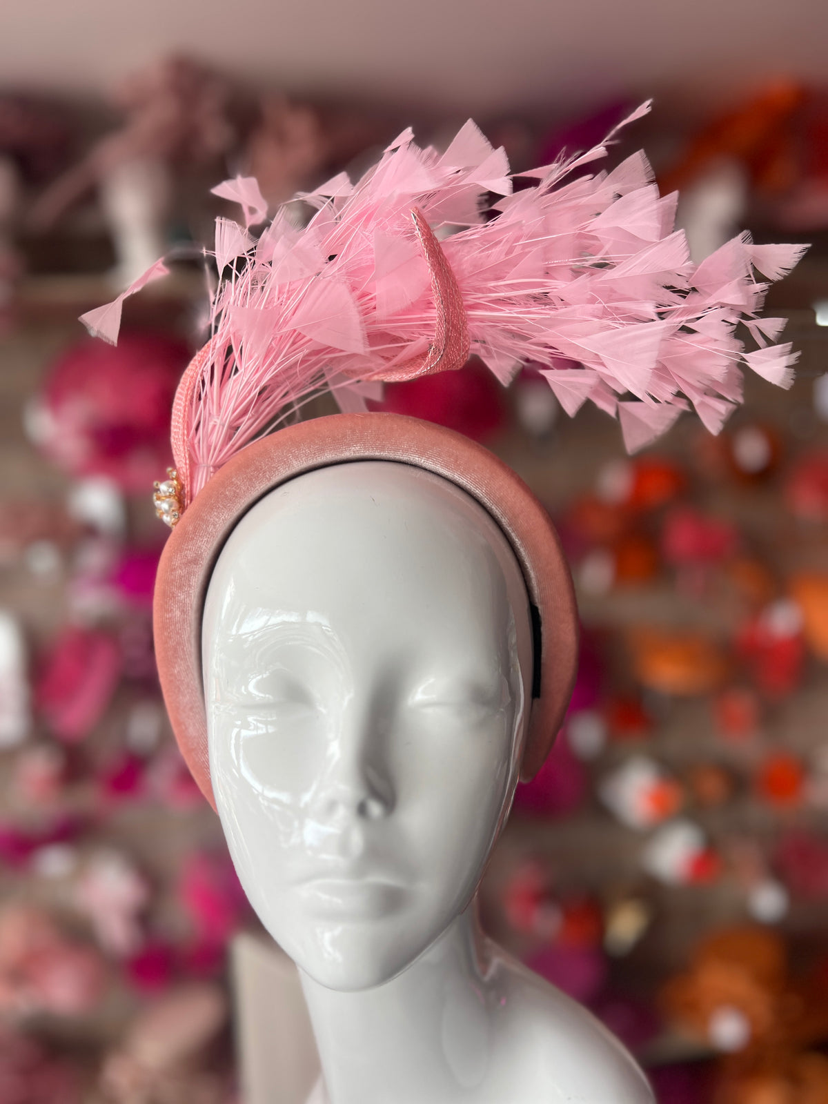 Pink Feather Velvet Padded Headband Fascinator With Diamante &amp; Pearl Cluster