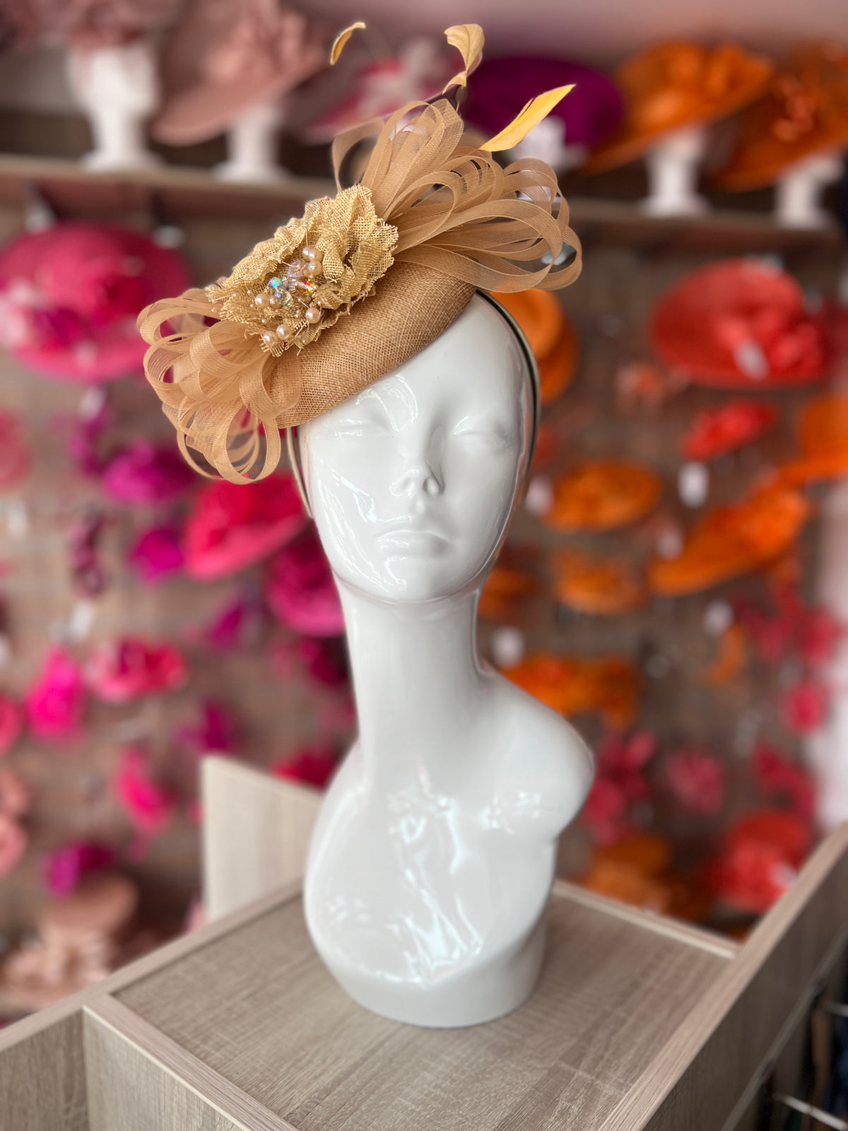 Pillbox Hat With Loops and  Embellished Flowers-Gold