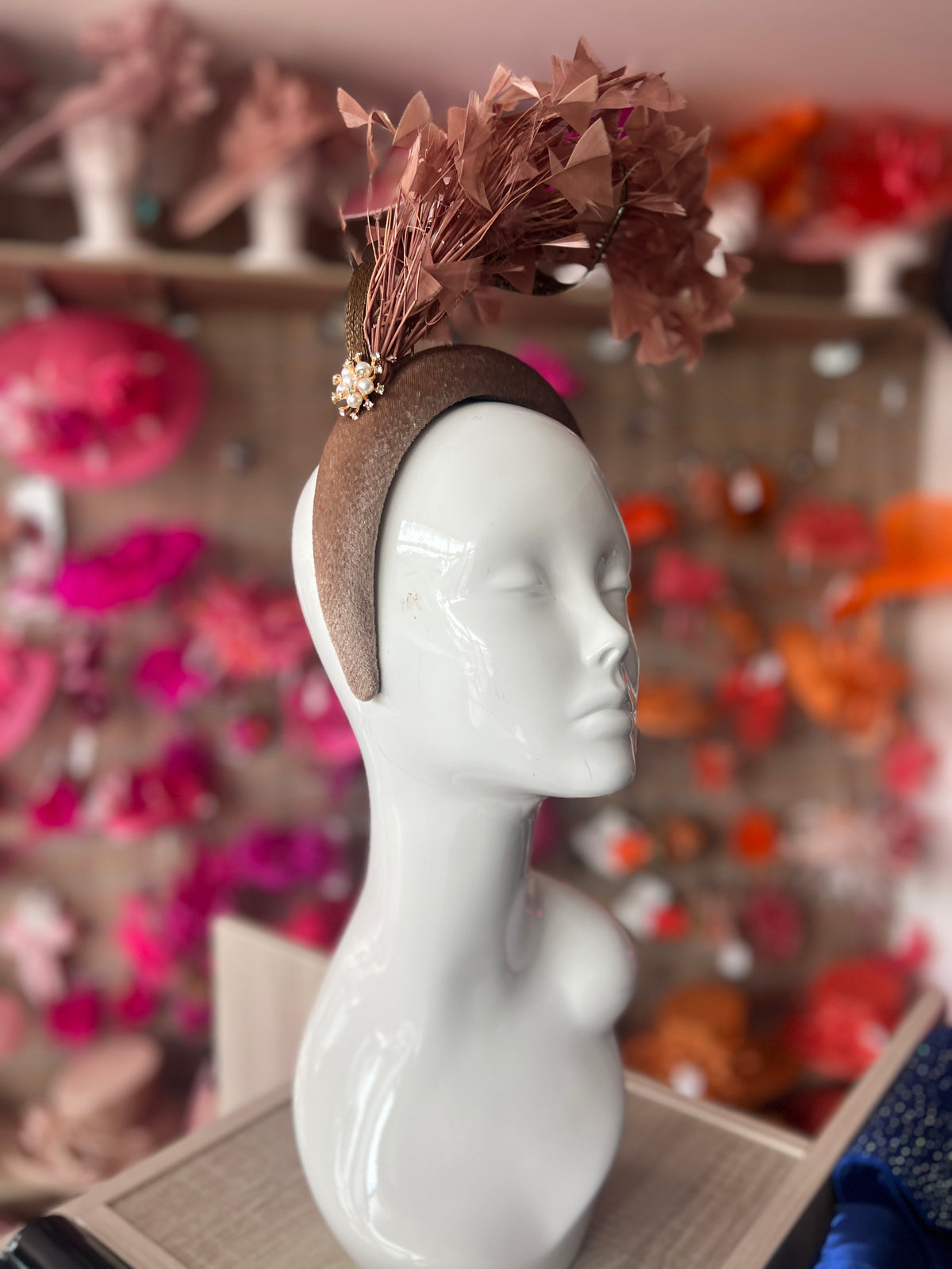 Brown Feather Velvet Padded Headband Fascinator With Diamante &amp; Pearl Cluster
