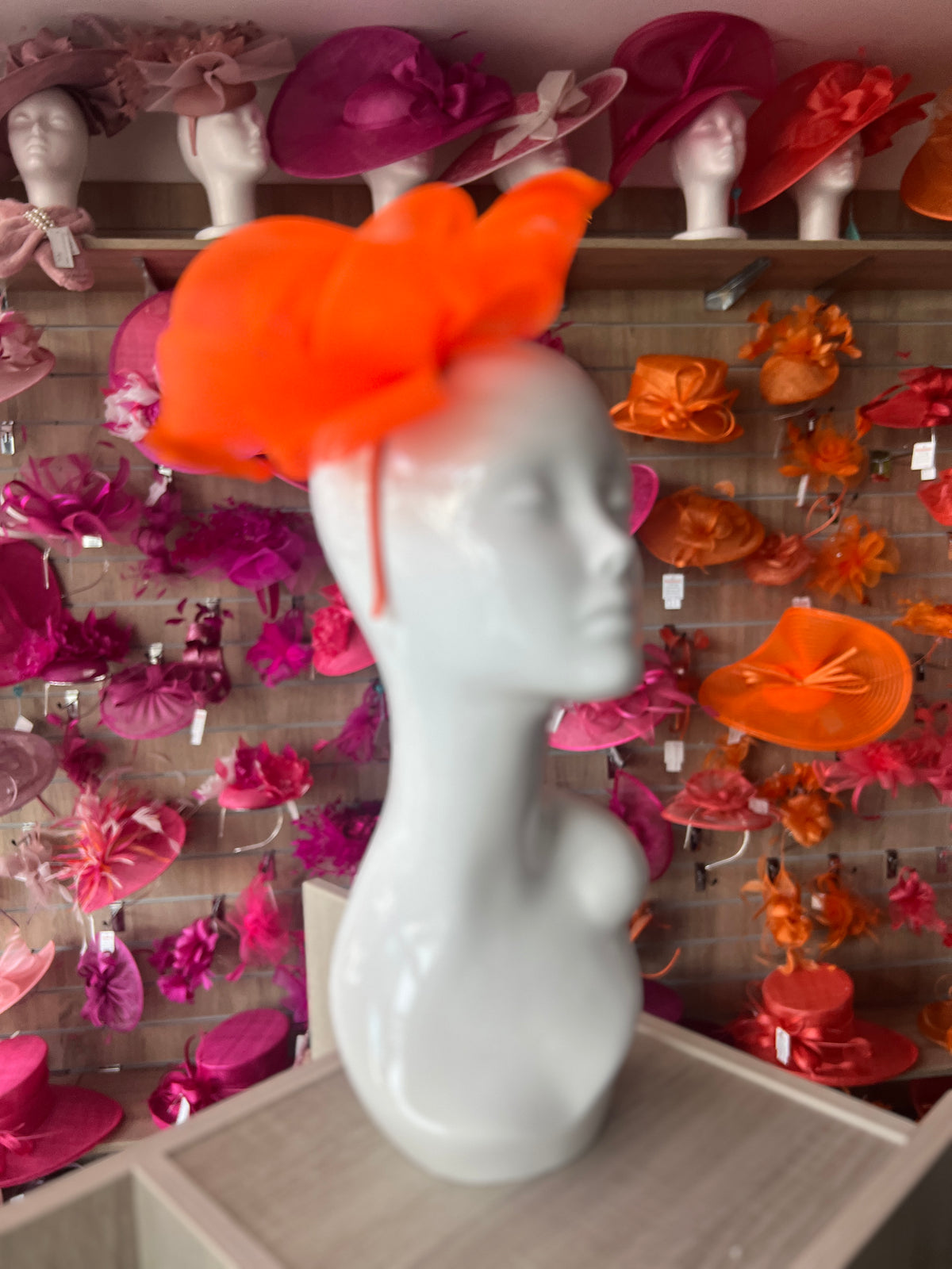Florescent Orange Large Loop Fascinator With Feathers