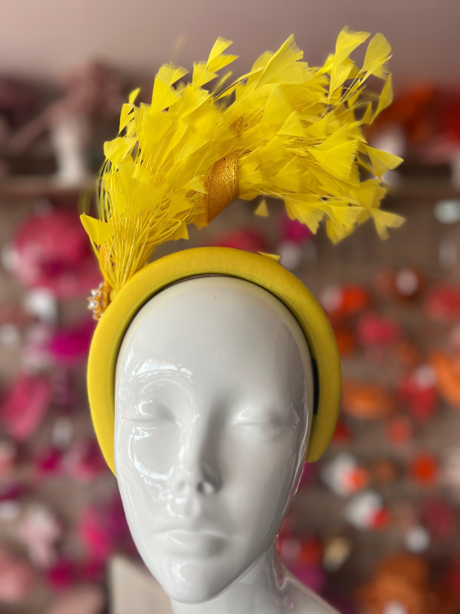 Yellow Feather Velvet Padded Headband Fascinator With Diamante & Pearl Cluster
