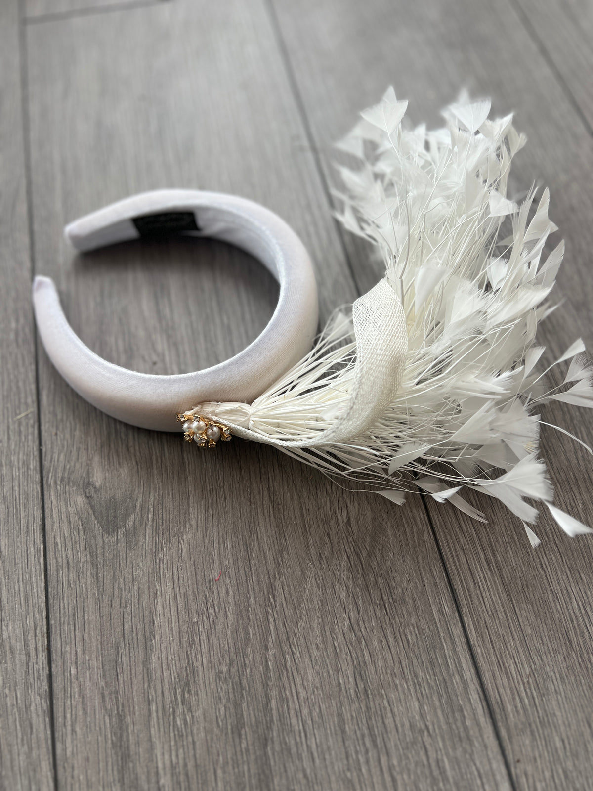 White Feather Velvet Padded Headband Fascinator With Diamante &amp; Pearl Cluster