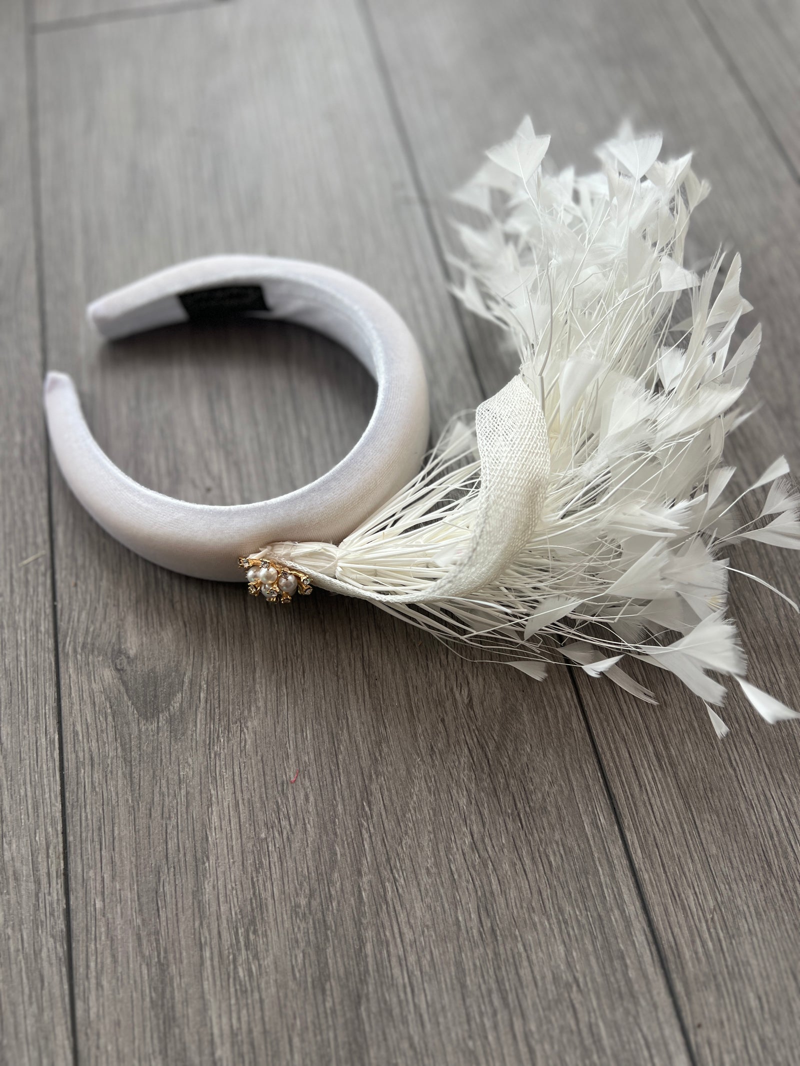 White Feather Velvet Padded Headband Fascinator With Diamante & Pearl Cluster