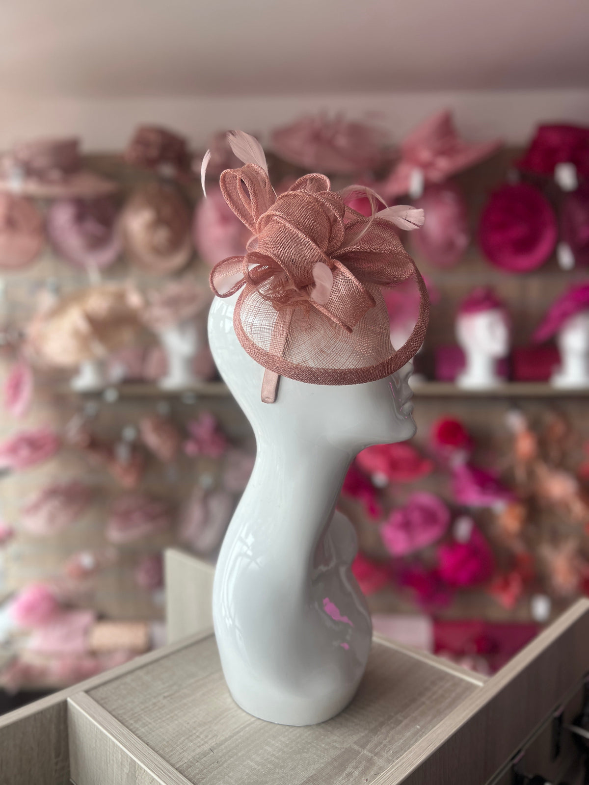 DUSKY PINK FASCINATOR WITH RUCHED SINAMAY &amp; LOOPS-Fascinators Direct