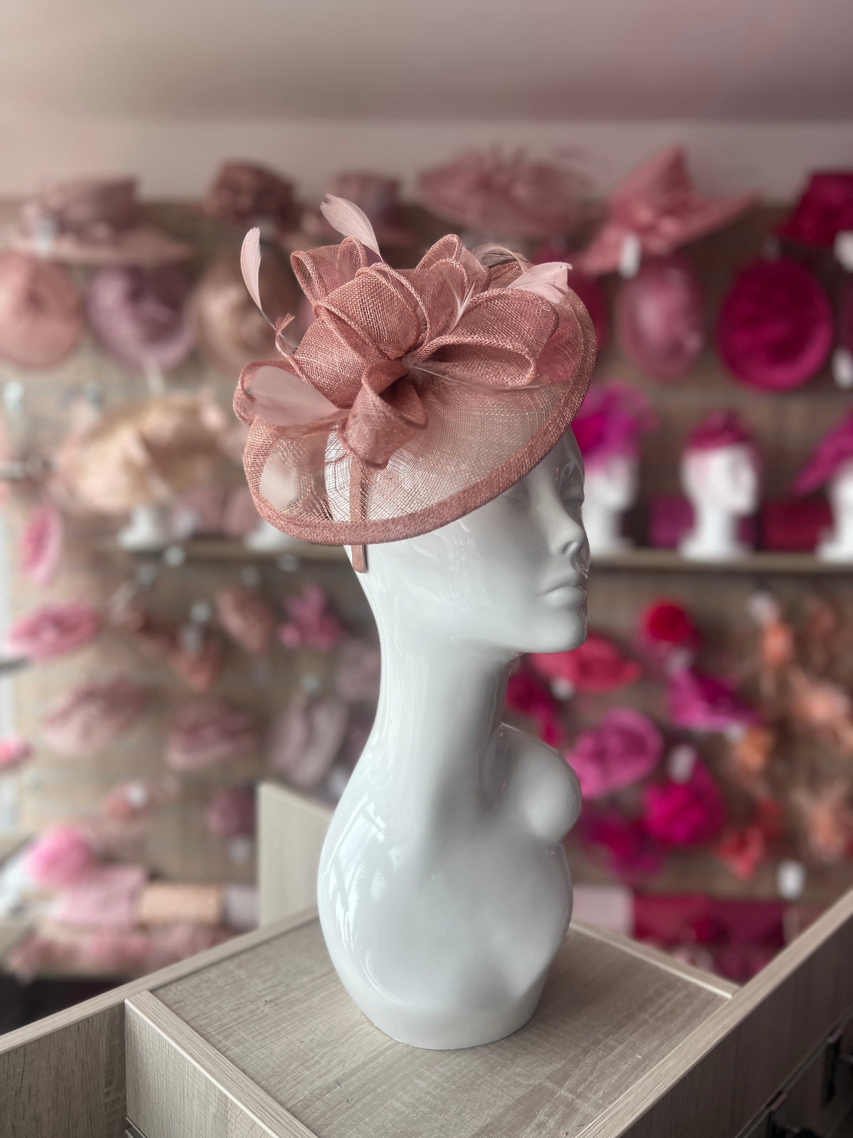 DUSKY PINK FASCINATOR WITH RUCHED SINAMAY &amp; LOOPS-Fascinators Direct