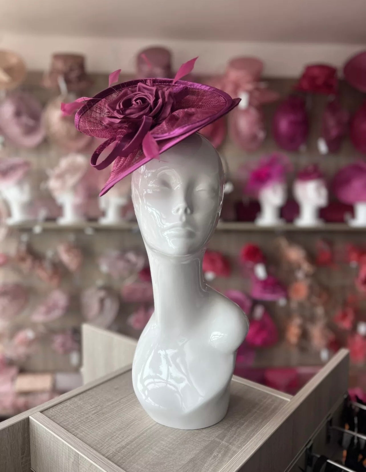 Damson Disc Fascinator with Fabric Rose & Netting-Fascinators Direct