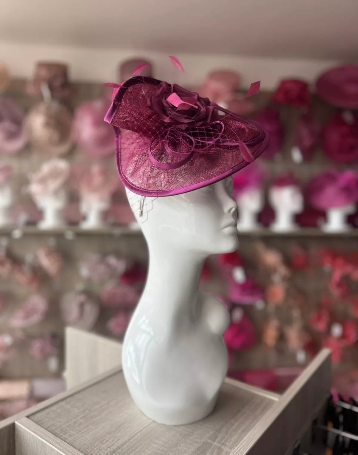 Damson Disc Fascinator with Fabric Rose &amp; Netting-Fascinators Direct