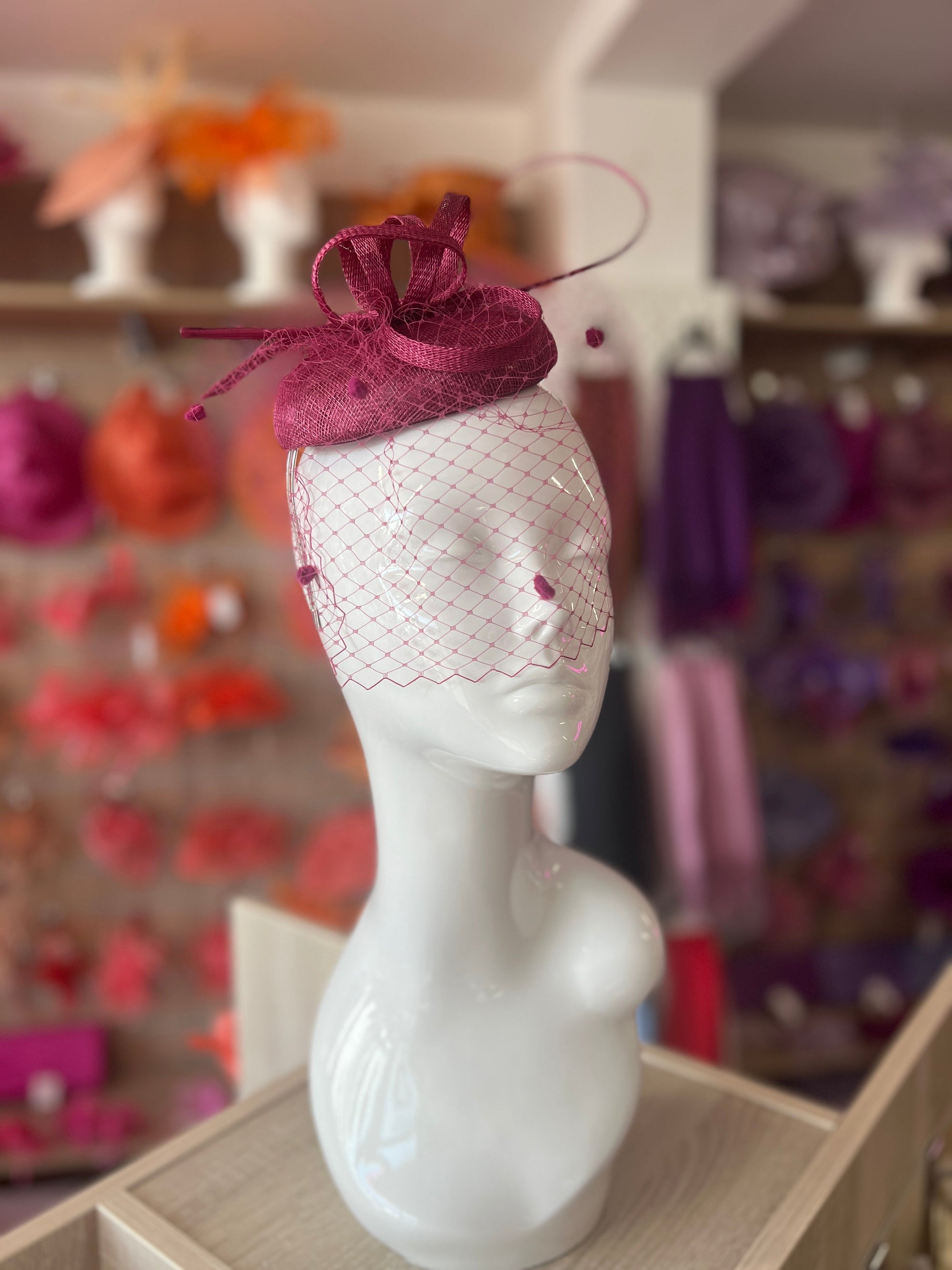 Damson Pillbox Hat with Veil & Curled Quill-Fascinators Direct