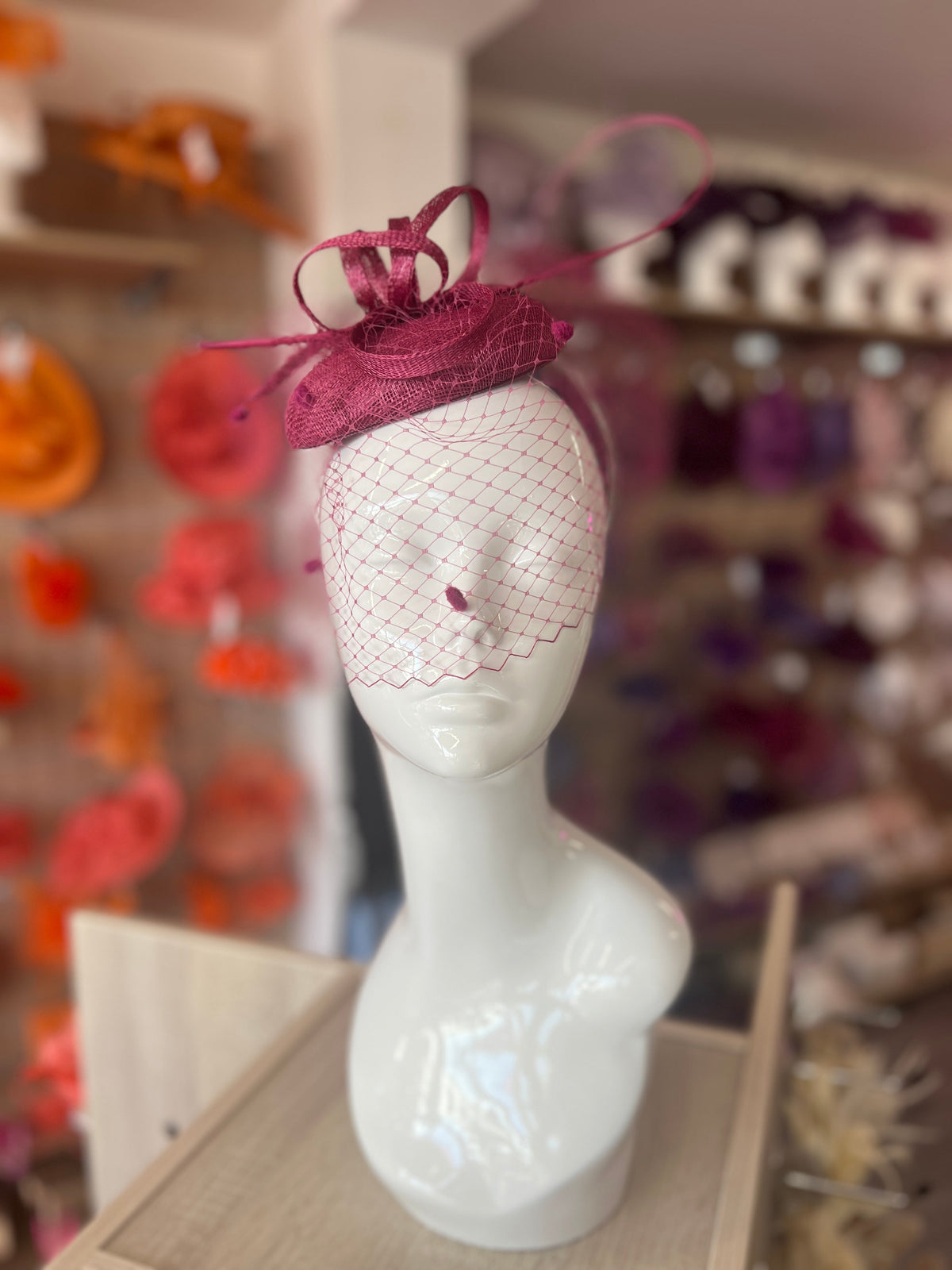 Damson Pillbox Hat with Veil &amp; Curled Quill-Fascinators Direct