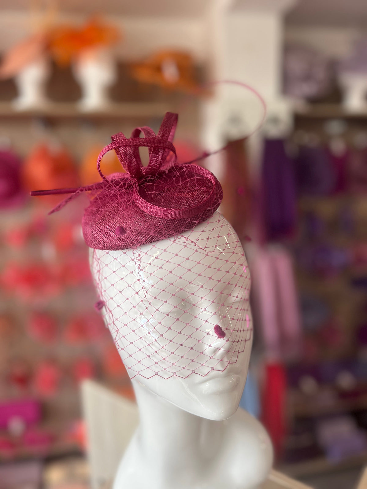 Damson Pillbox Hat with Veil &amp; Curled Quill-Fascinators Direct
