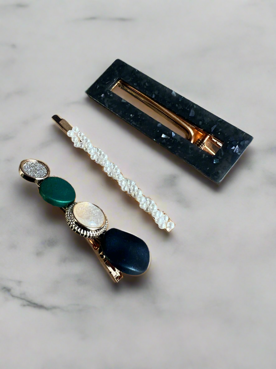 Dark Blue Resin & Pearl Hair Slides x3-Fascinators Direct