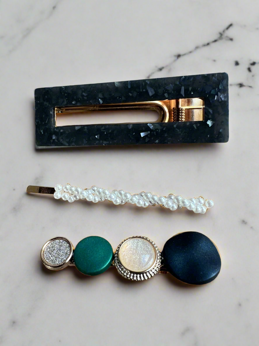 Dark Blue Resin &amp; Pearl Hair Slides x3-Fascinators Direct