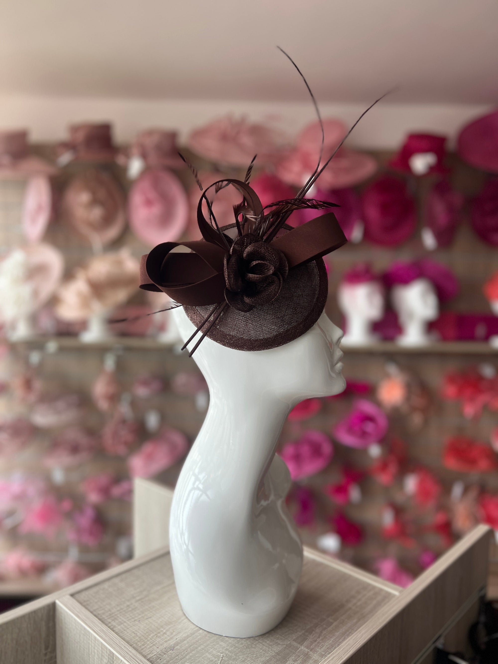 Dark Brown Disc Fascinator with Ribbons, Quills & Feathers-Fascinators Direct