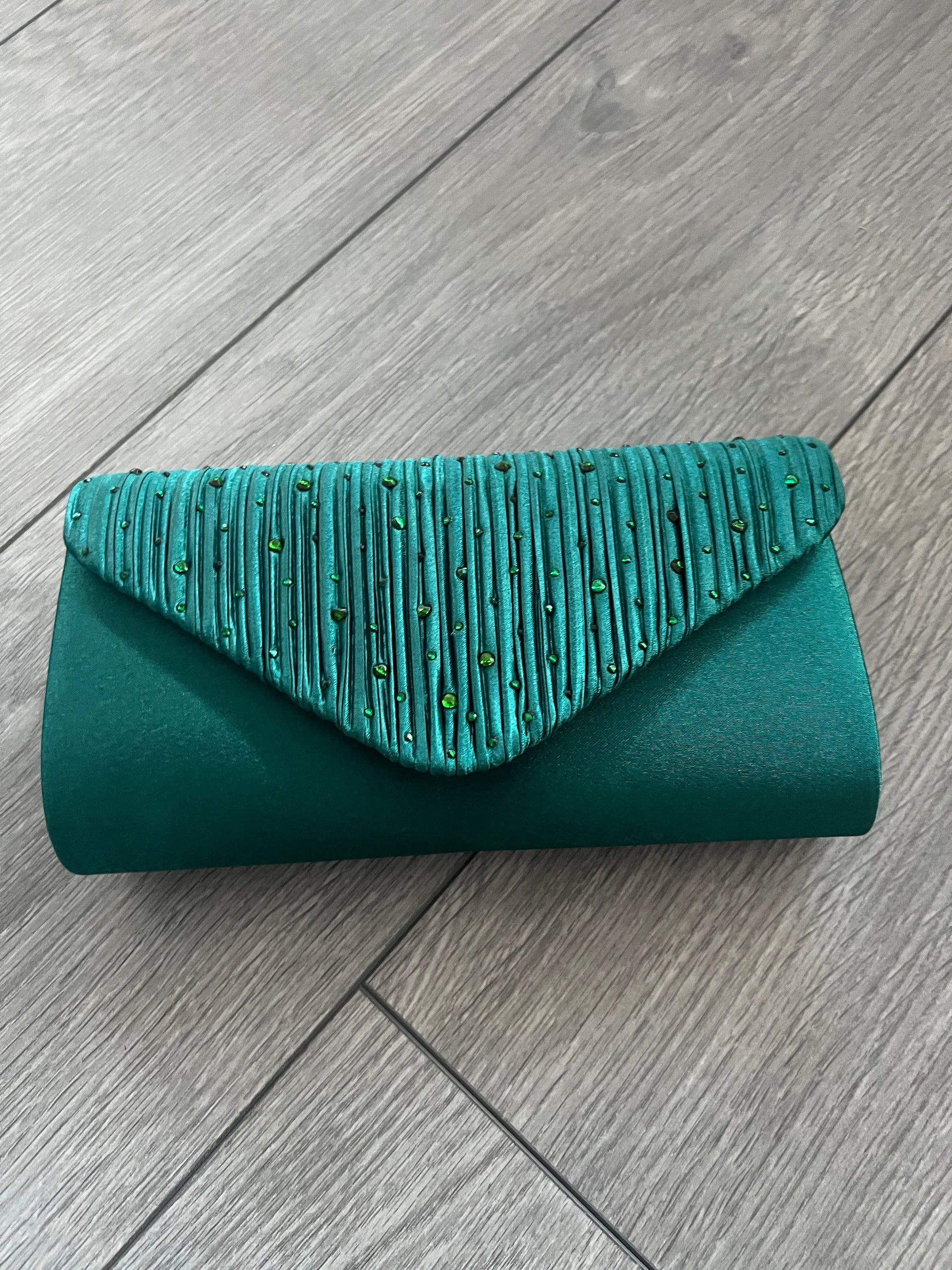 Dark Green Envelope Clutch Bag with Crystal Rhinestones-Fascinators Direct