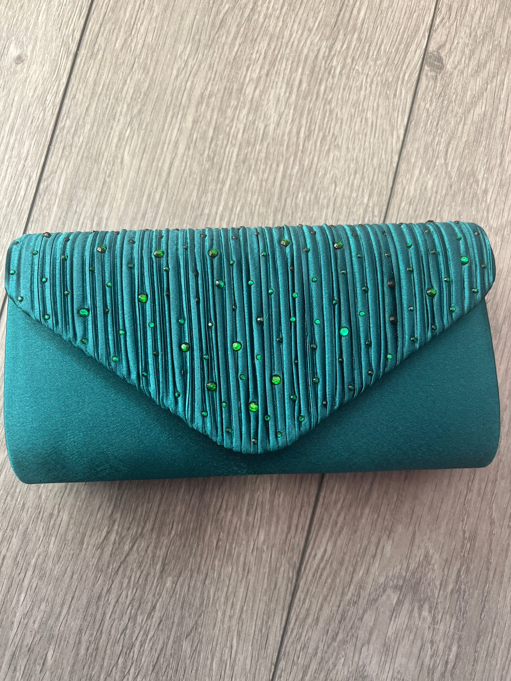 Dark Green Envelope Clutch Bag with Crystal Rhinestones-Fascinators Direct