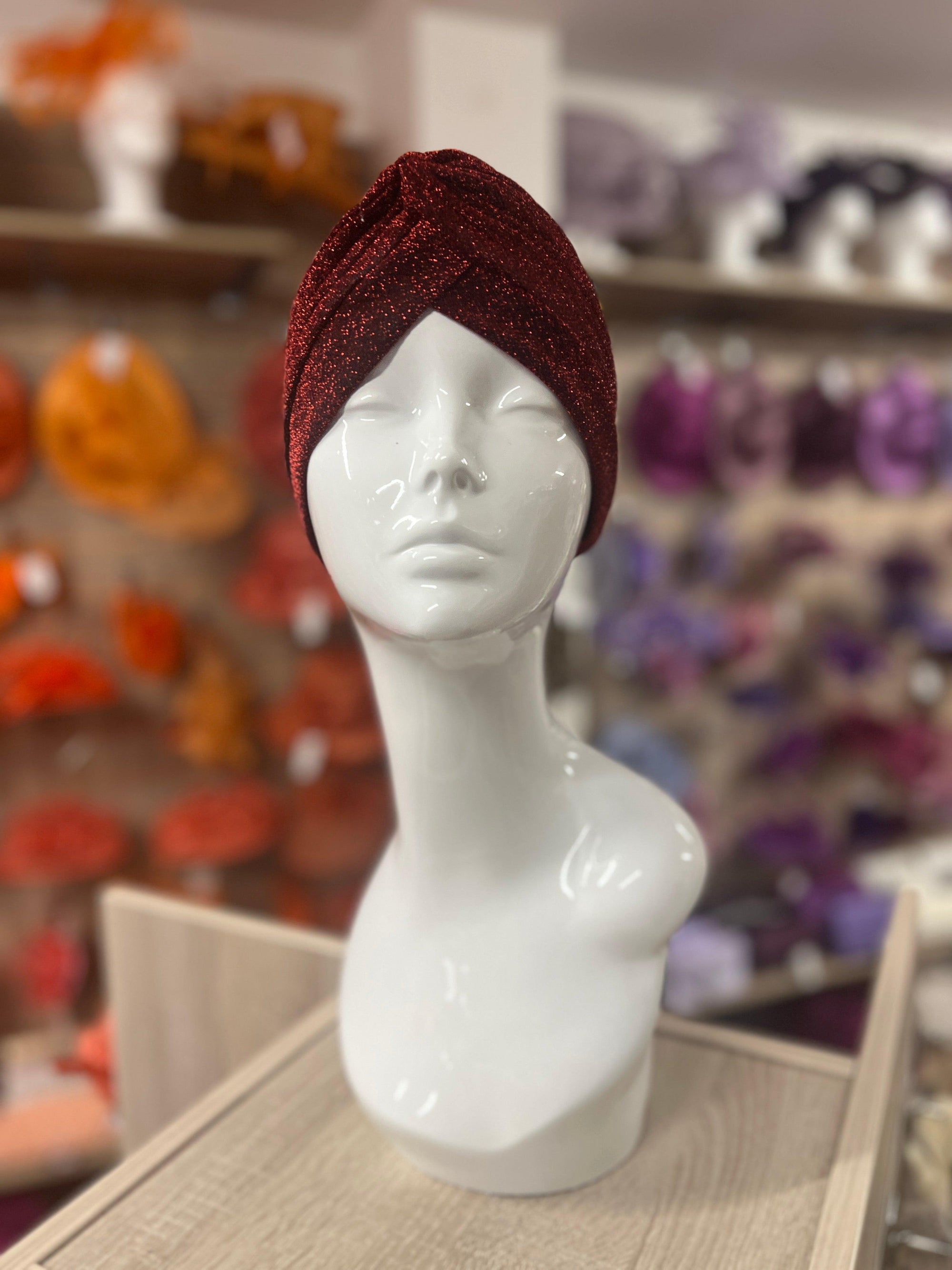 Dark Red Glitter Turban Hat-Fascinators Direct