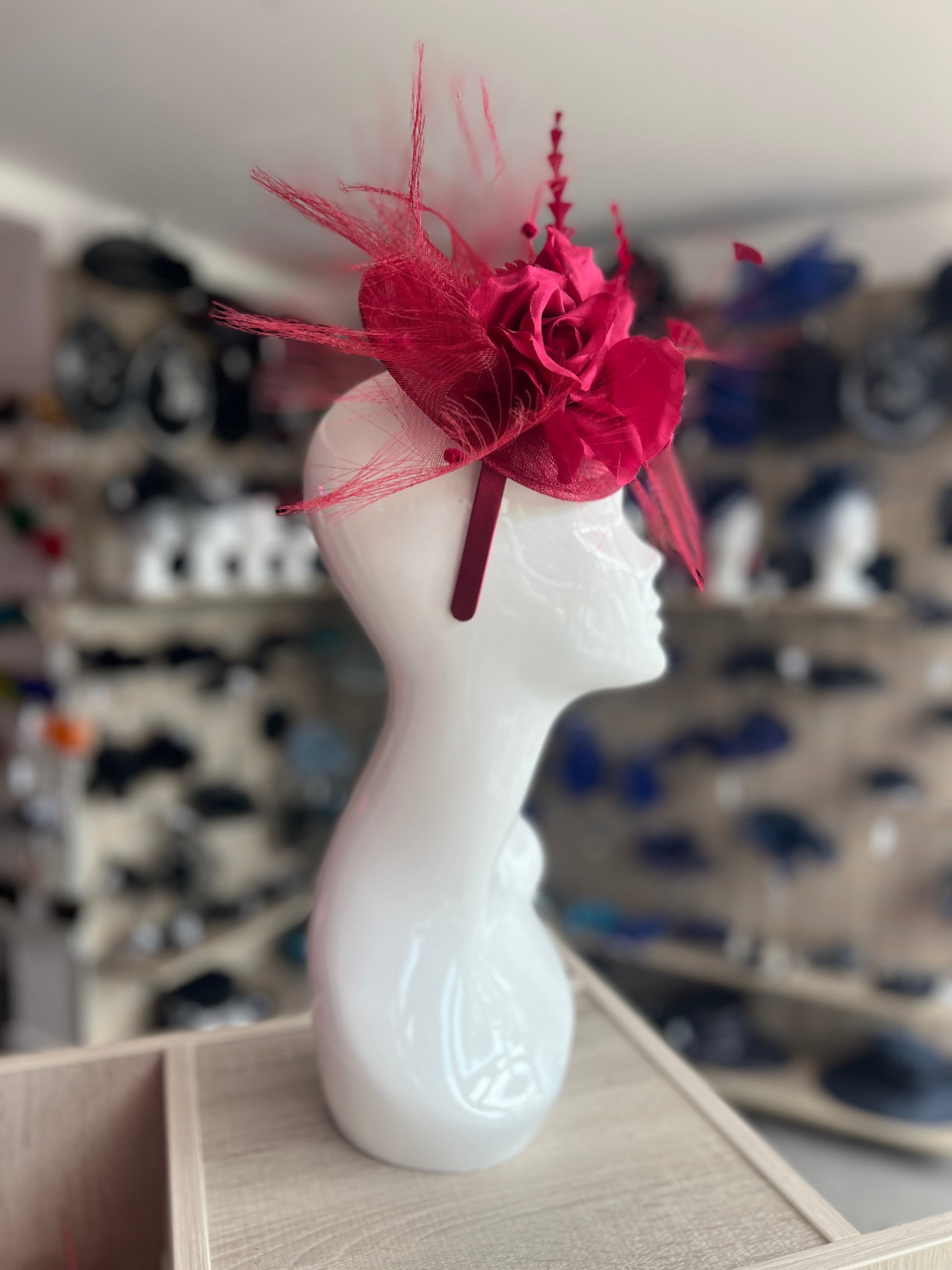 Deluxe Collection Wine Fascinator Hat with Large Flower & Feathers-Fascinators Direct