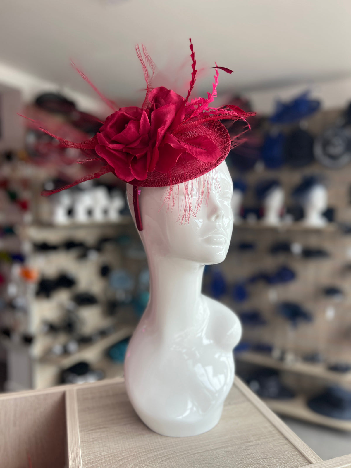 Deluxe Collection Wine Fascinator Hat with Large Flower &amp; Feathers-Fascinators Direct