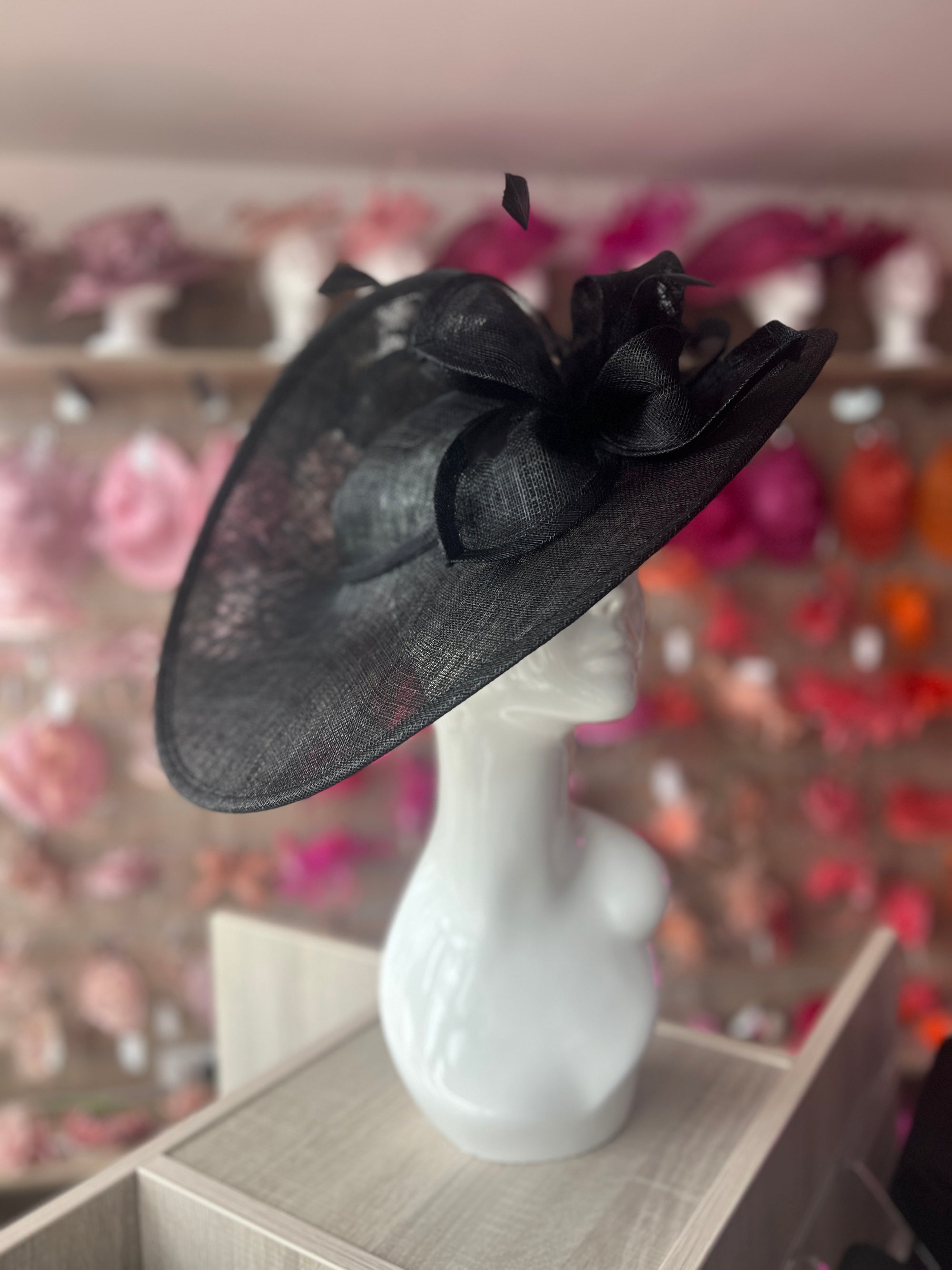 Deluxe Large Black Hatinator with Split Brim & Feathers-Fascinators Direct