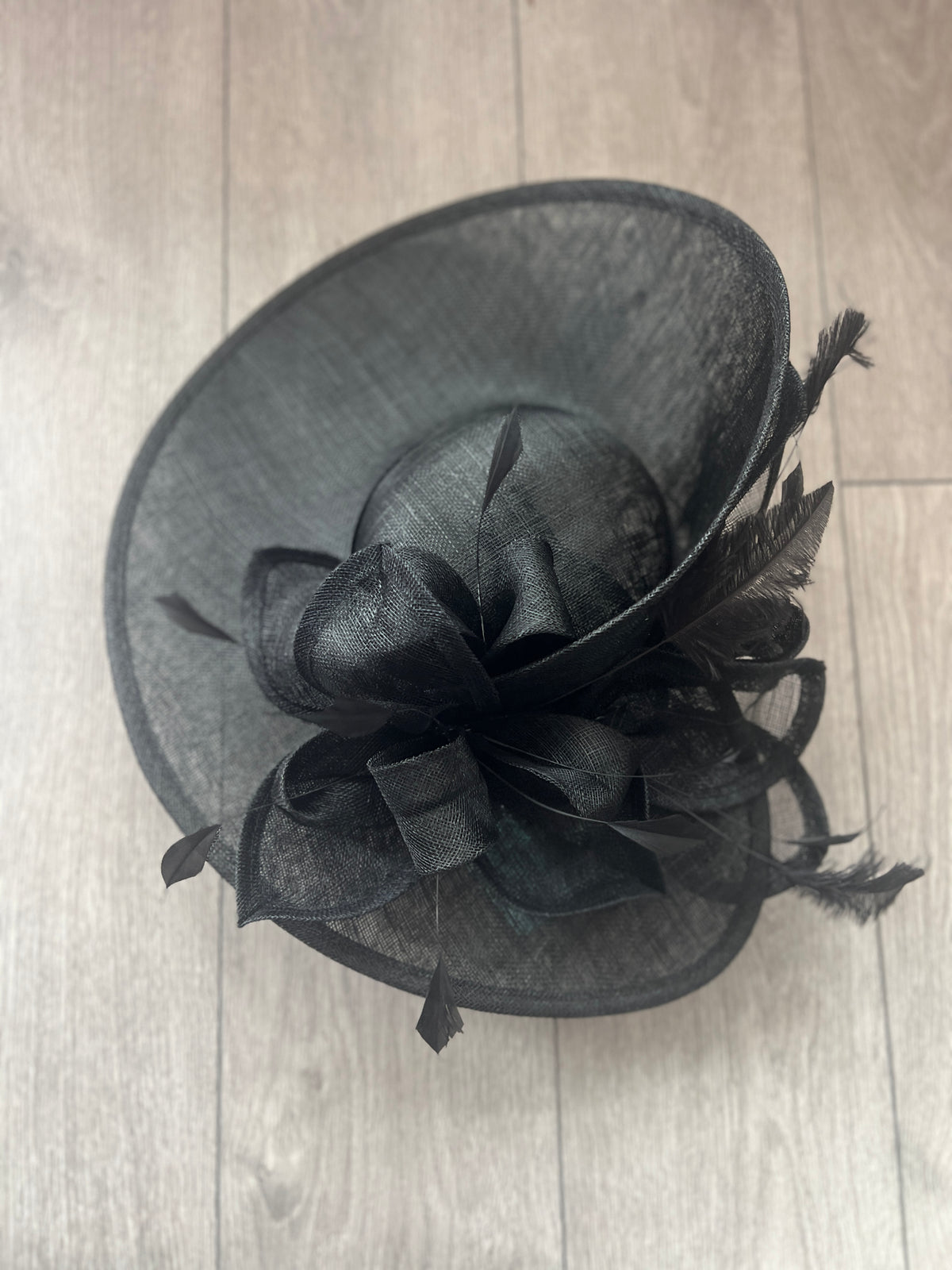 Deluxe Large Black Hatinator with Split Brim &amp; Feathers-Fascinators Direct