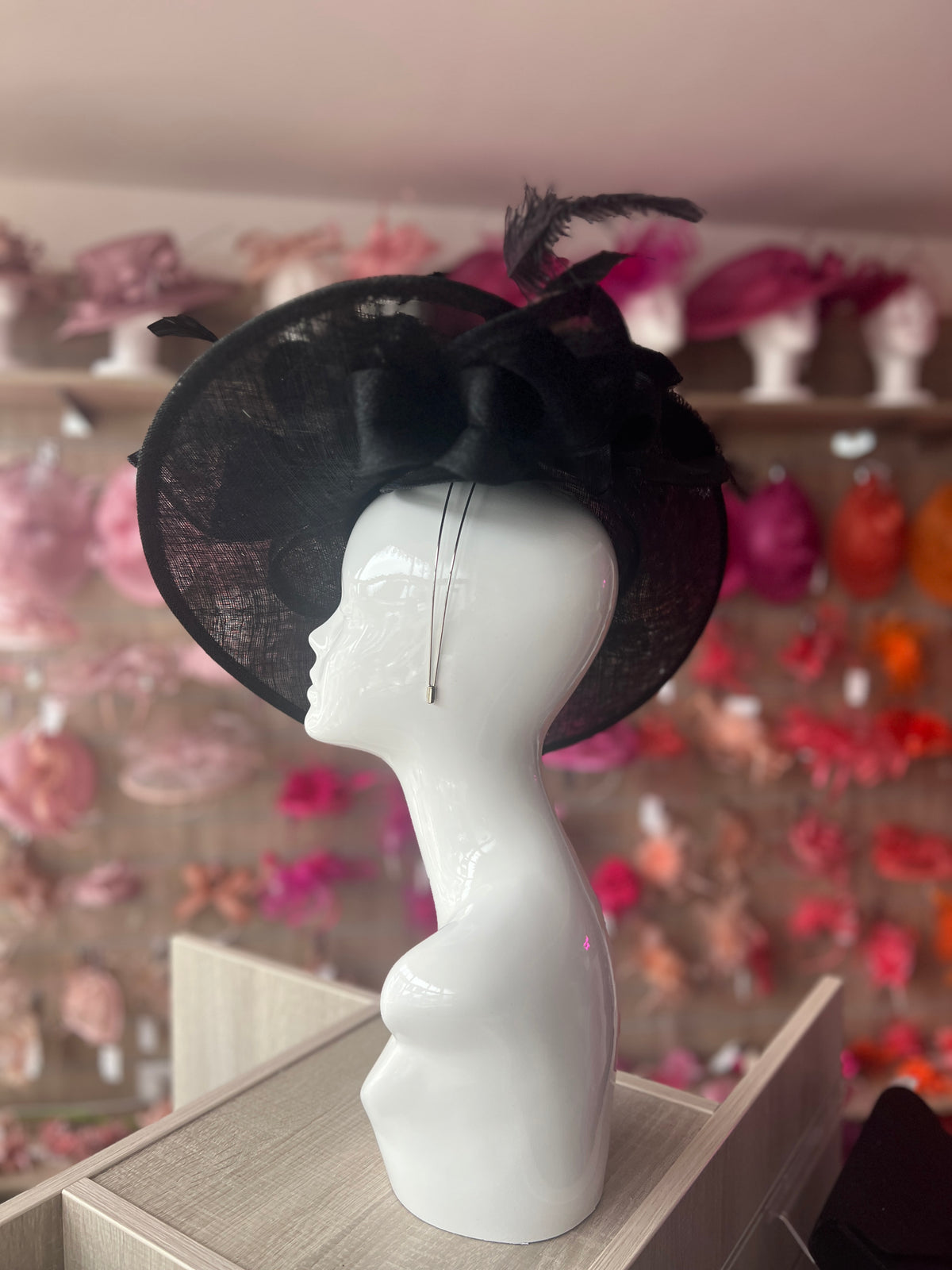 Deluxe Large Black Hatinator with Split Brim &amp; Feathers-Fascinators Direct