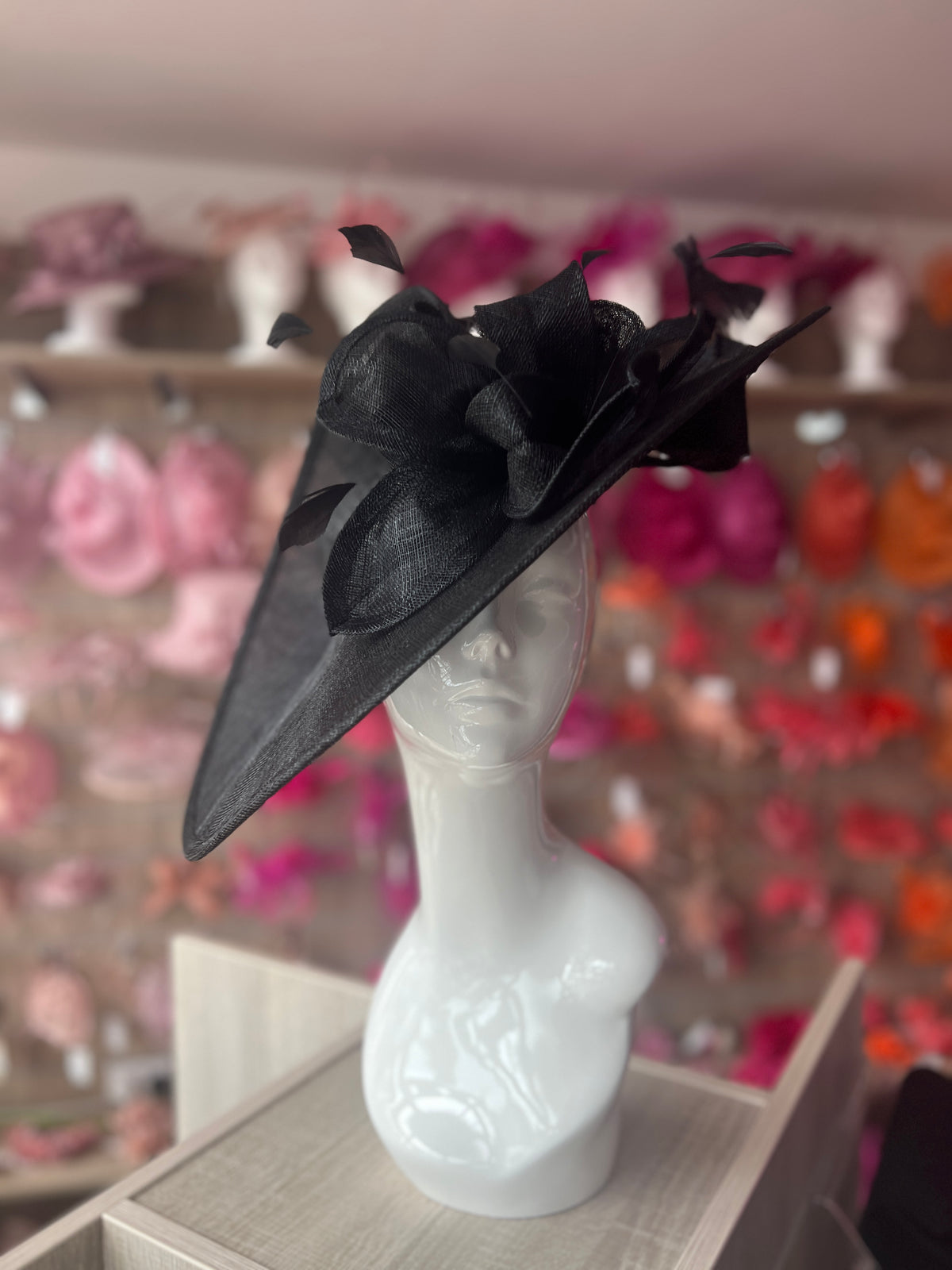 Deluxe Large Black Hatinator with Split Brim &amp; Feathers-Fascinators Direct