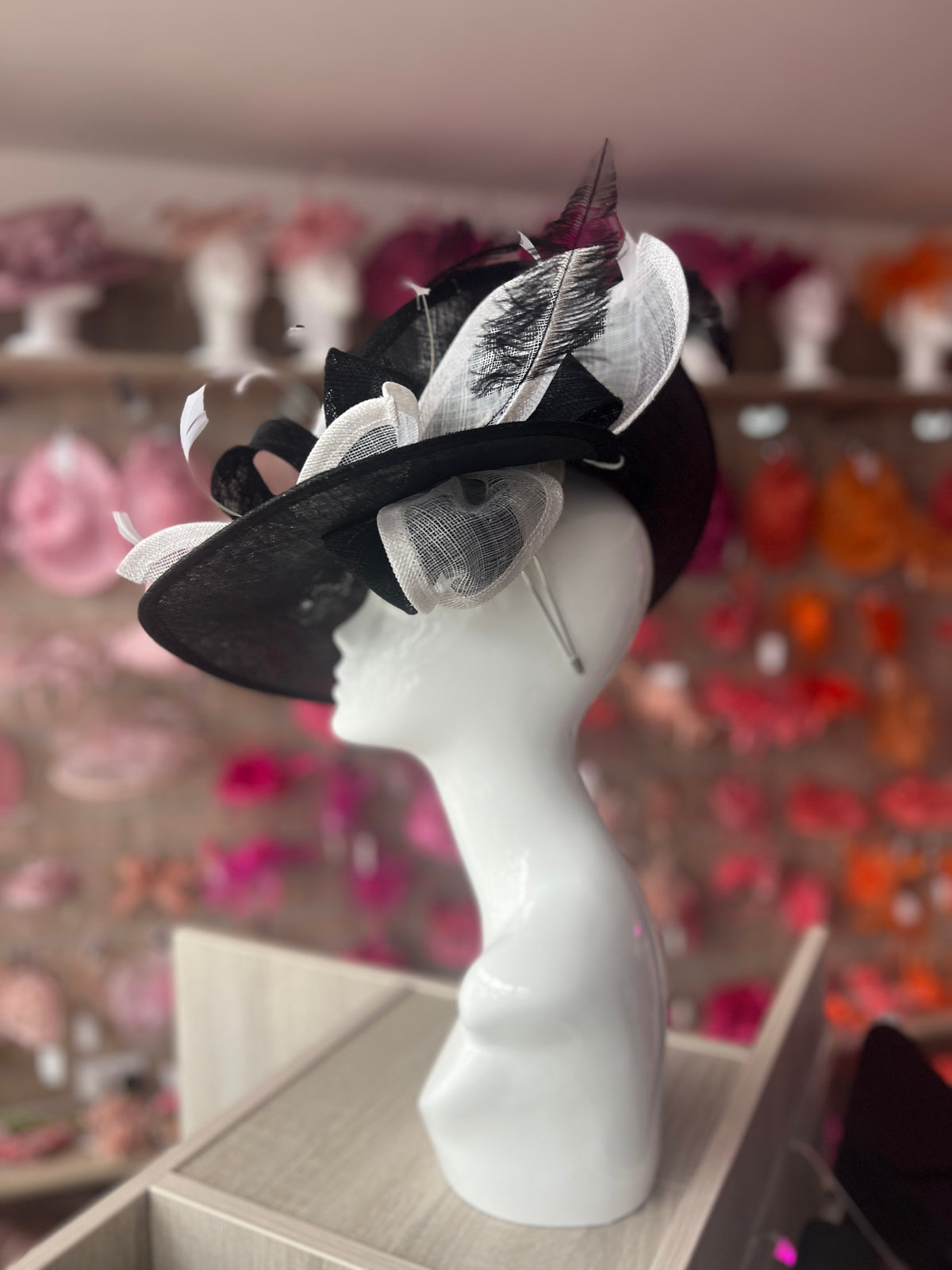 Deluxe Large Black &amp; White Hatinator with Split Brim &amp; Feathers-Fascinators Direct