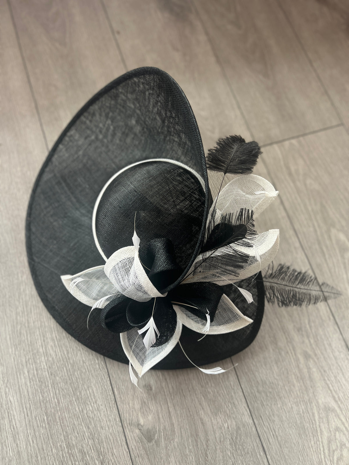Deluxe Large Black &amp; White Hatinator with Split Brim &amp; Feathers-Fascinators Direct