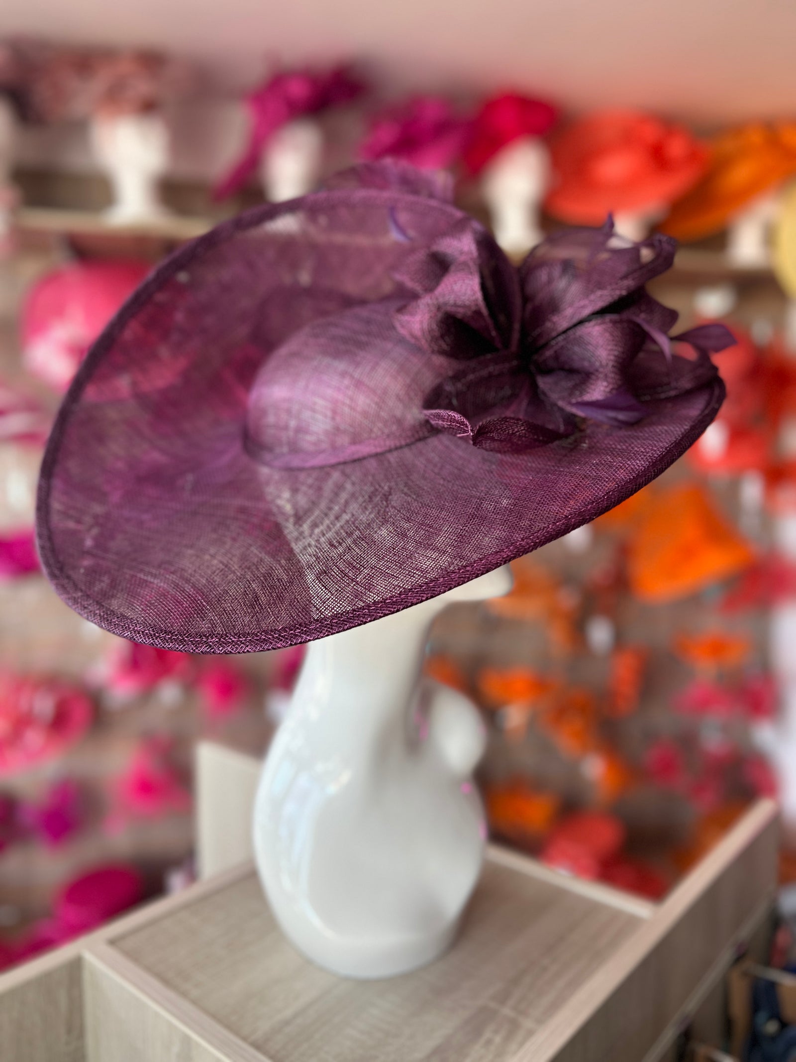 Deluxe Large Blackcurrant Hatinator with Split Brim & Feathers-Fascinators Direct