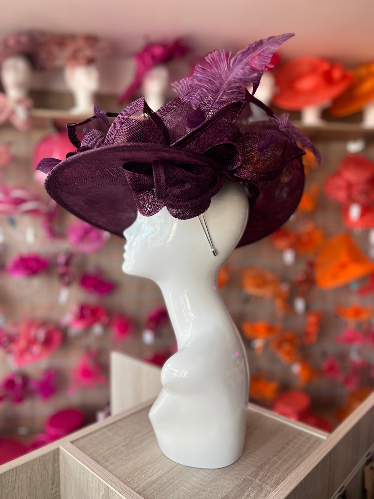 Deluxe Large Blackcurrant Hatinator with Split Brim &amp; Feathers-Fascinators Direct