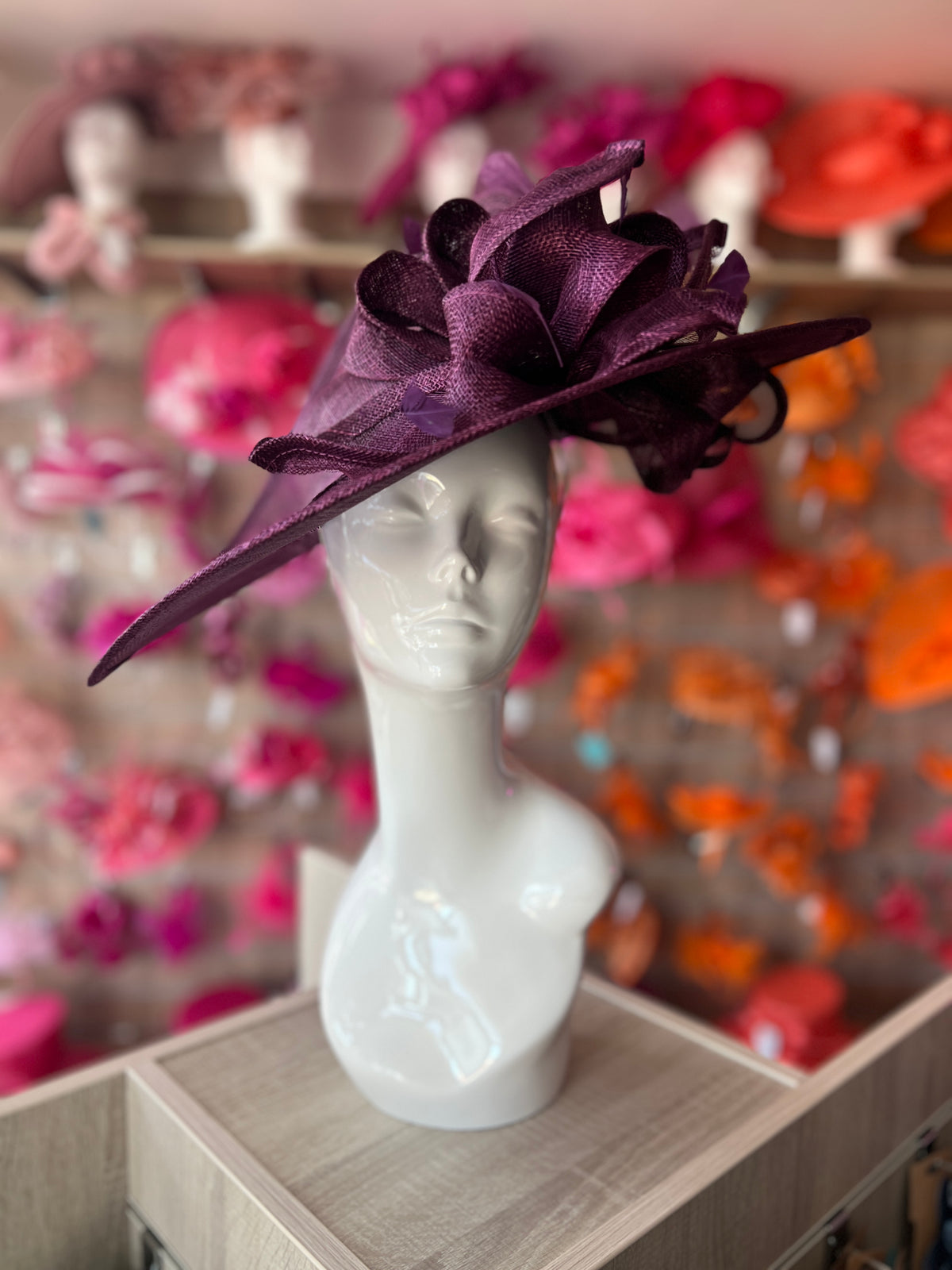 Deluxe Large Blackcurrant Hatinator with Split Brim &amp; Feathers-Fascinators Direct