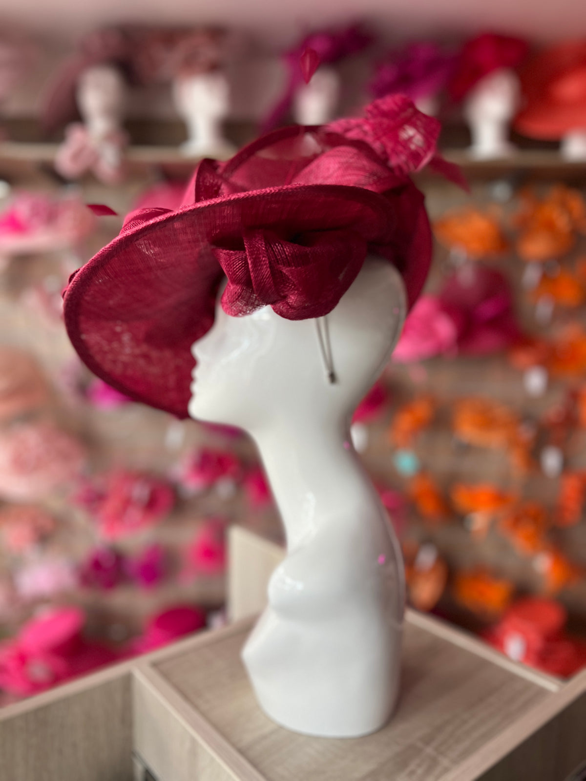 Deluxe Large Burgundy Hatinator with Split Brim &amp; Feathers-Fascinators Direct
