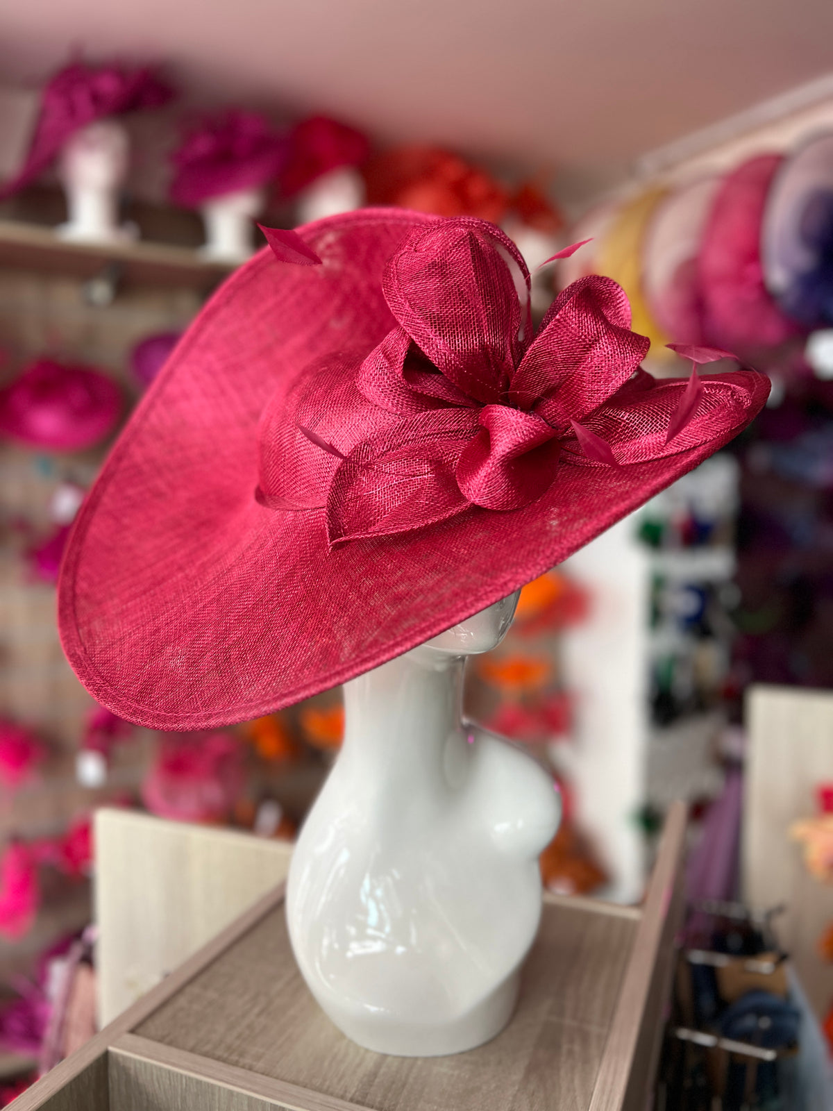 Deluxe Large Burgundy Hatinator with Split Brim &amp; Feathers-Fascinators Direct