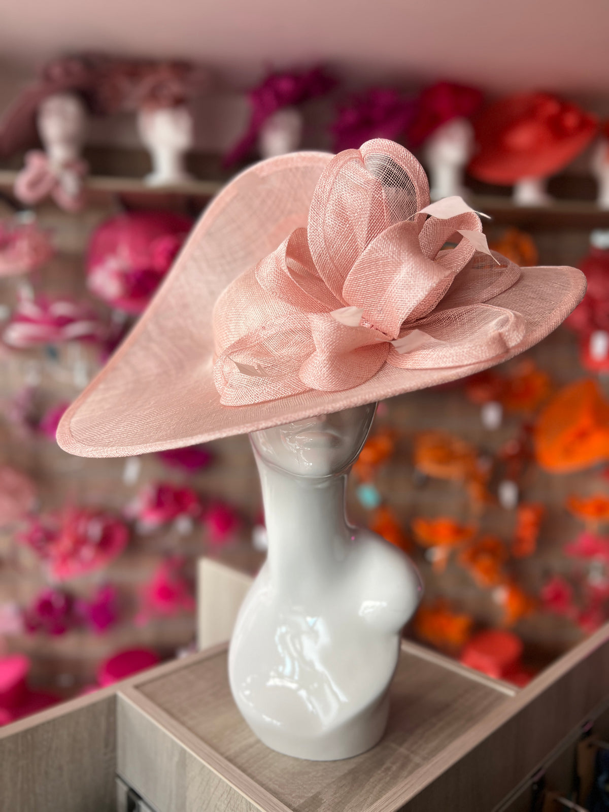 Deluxe Large Candy Pink Hatinator with Split Brim &amp; Feathers-Fascinators Direct
