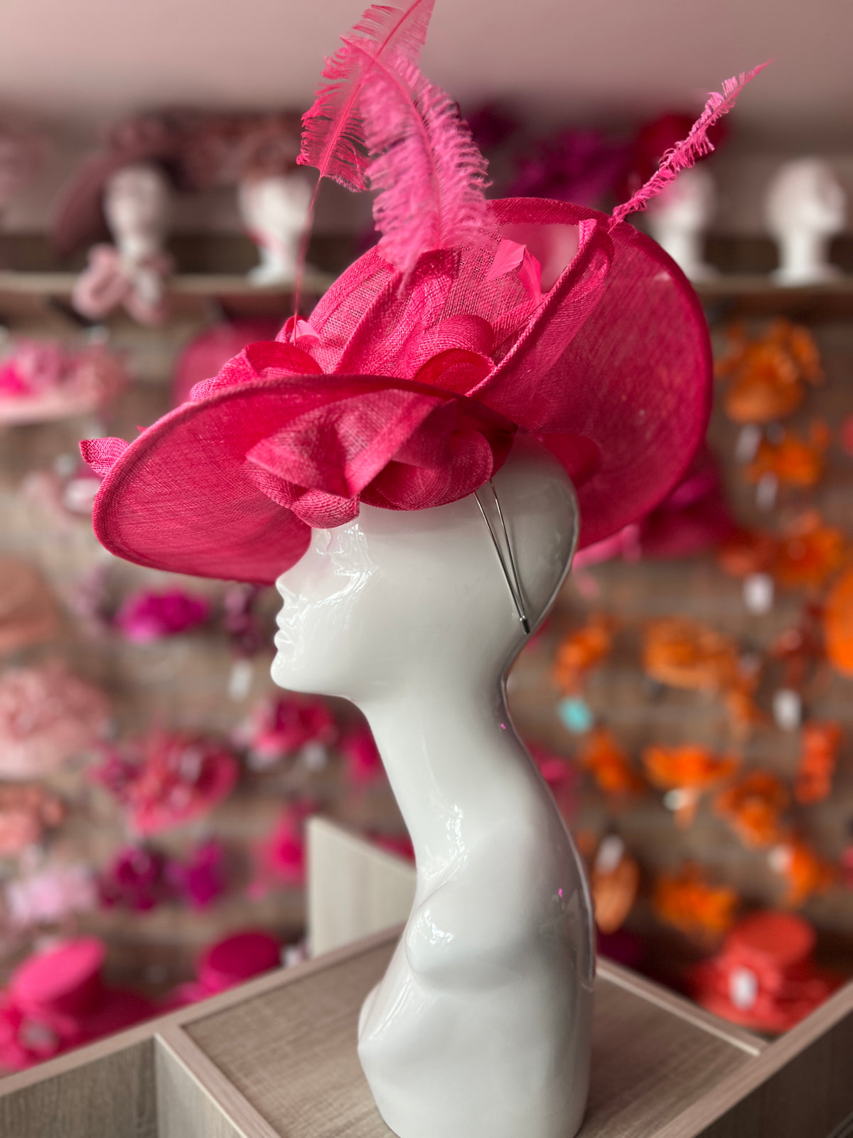 Deluxe Large Cerise Hatinator with Split Brim &amp; Feathers-Fascinators Direct