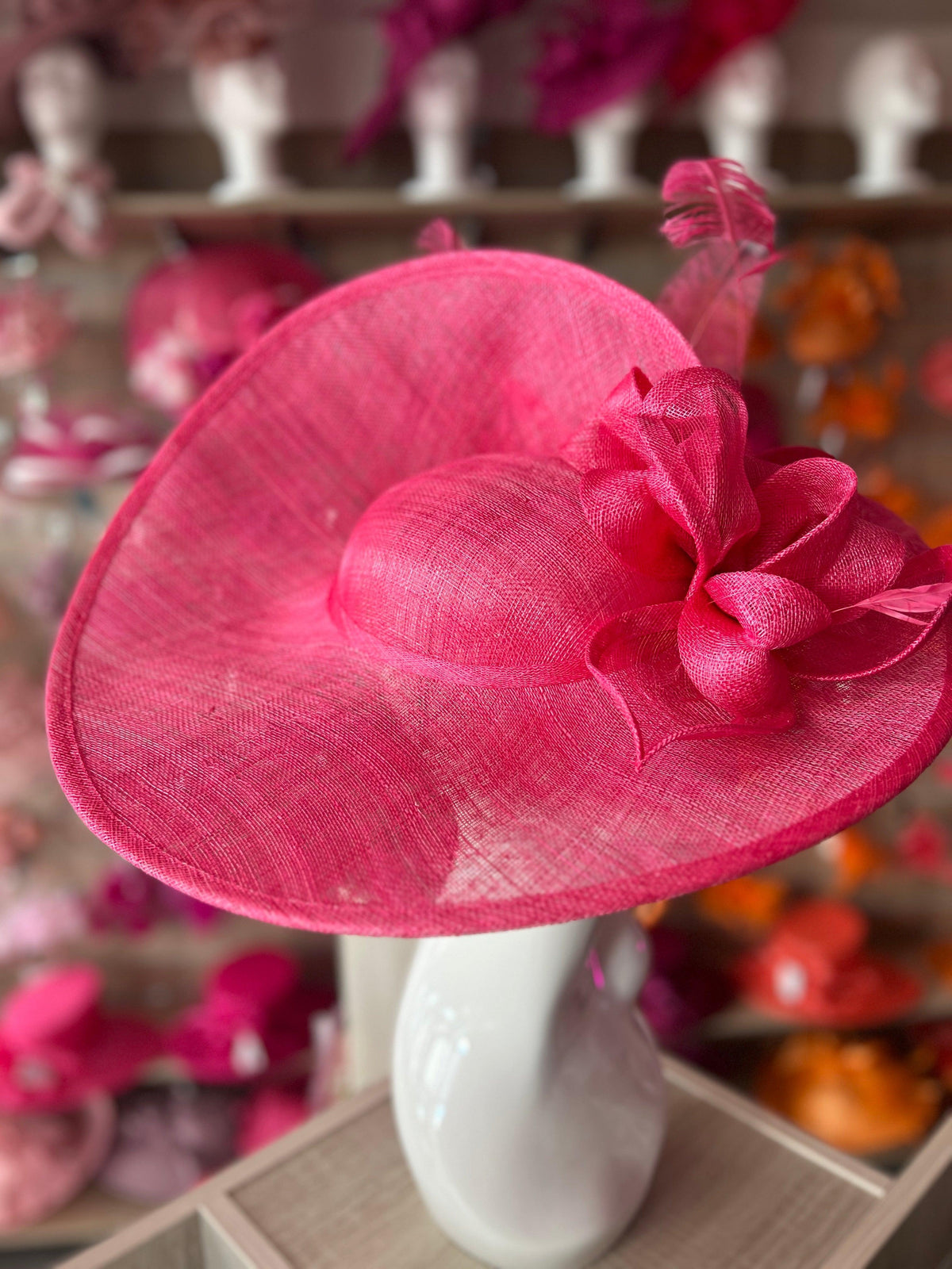Deluxe Large Cerise Hatinator with Split Brim &amp; Feathers-Fascinators Direct