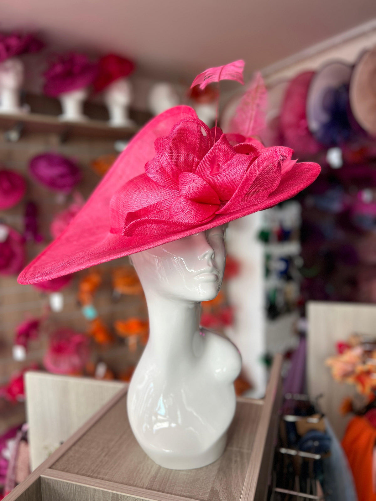 Deluxe Large Cerise Hatinator with Split Brim &amp; Feathers-Fascinators Direct