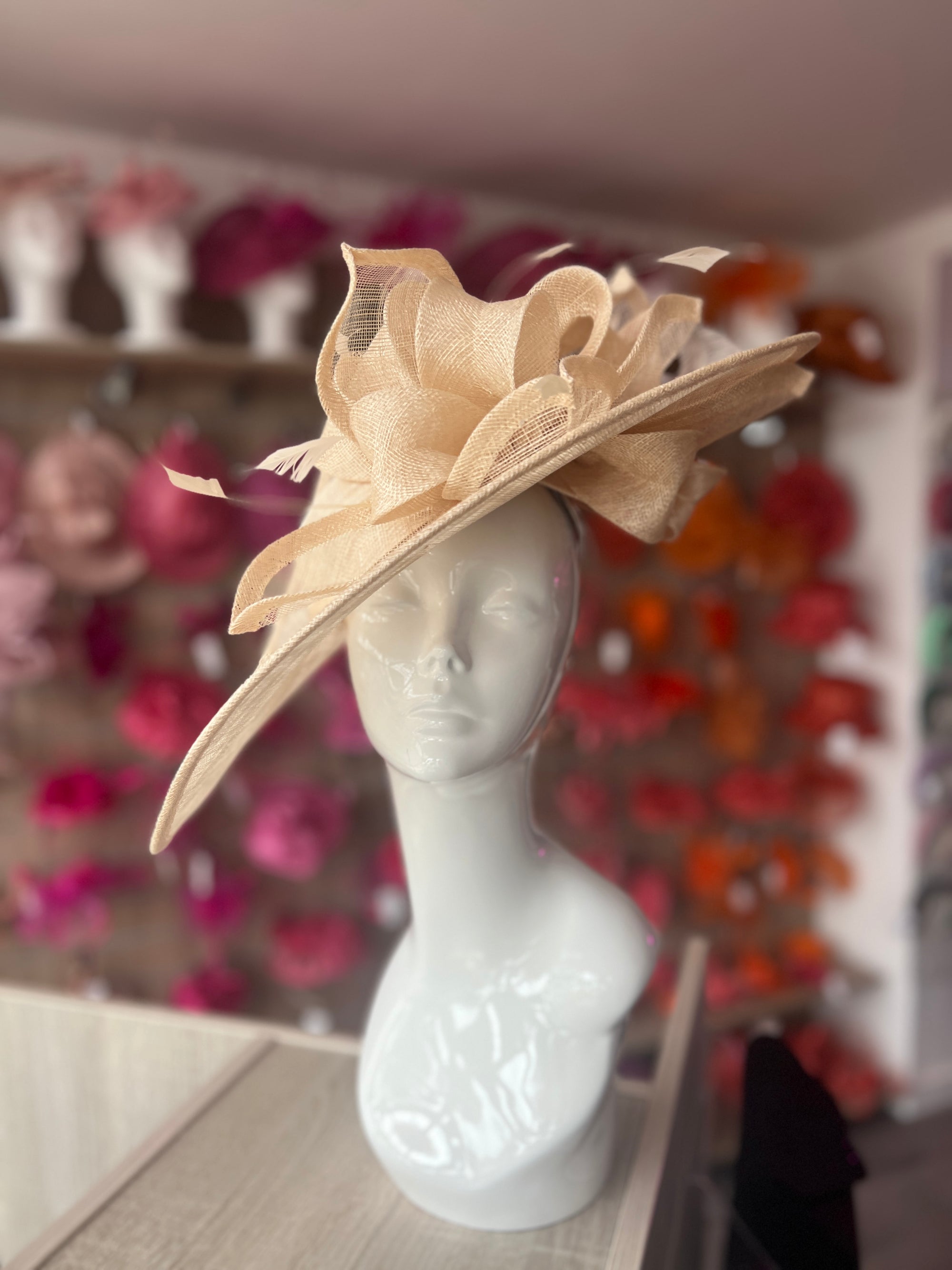 Deluxe Large Champagne Hatinator with Split Brim & Feathers-Fascinators Direct