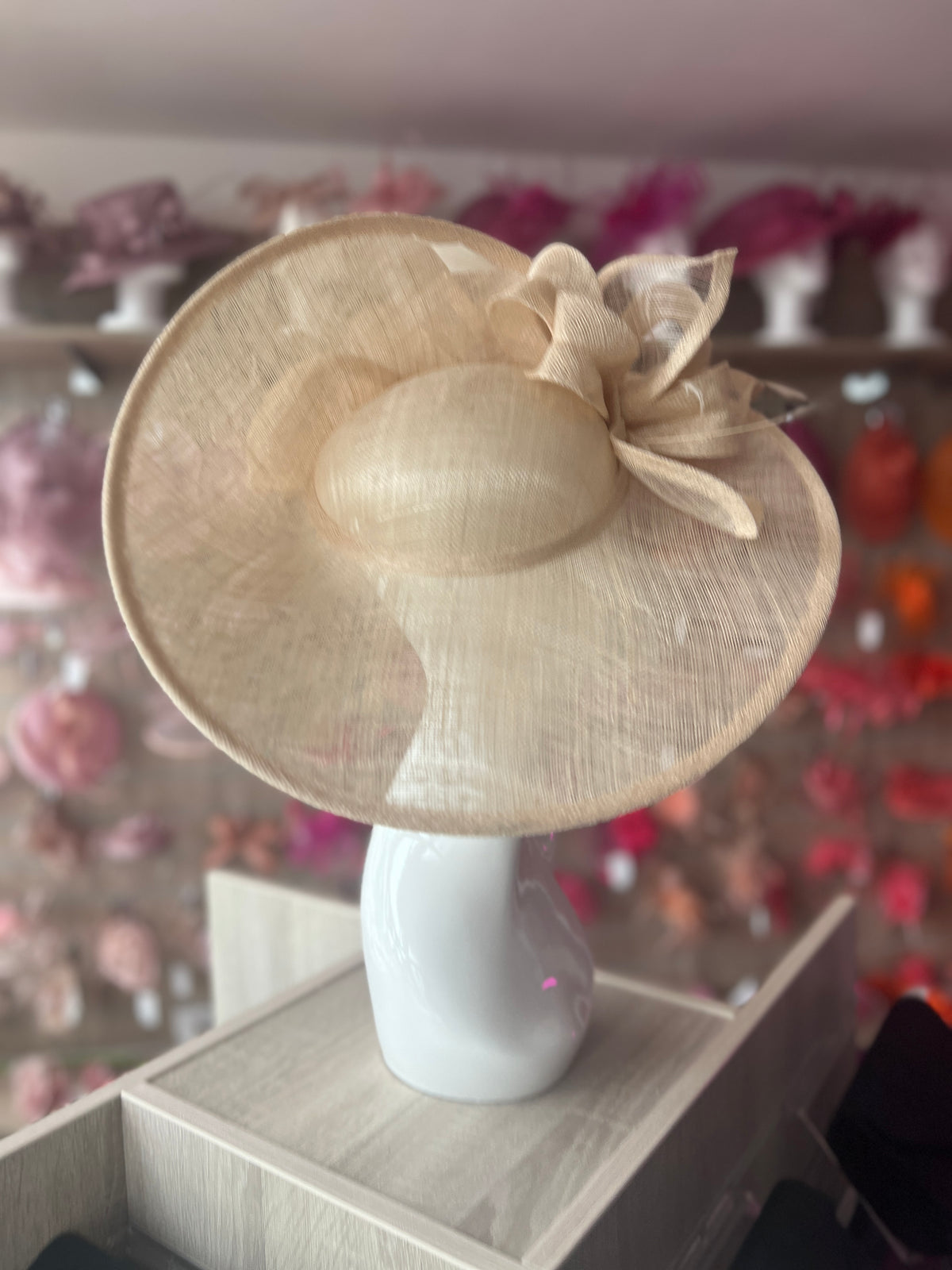 Deluxe Large Champagne Hatinator with Split Brim &amp; Feathers-Fascinators Direct