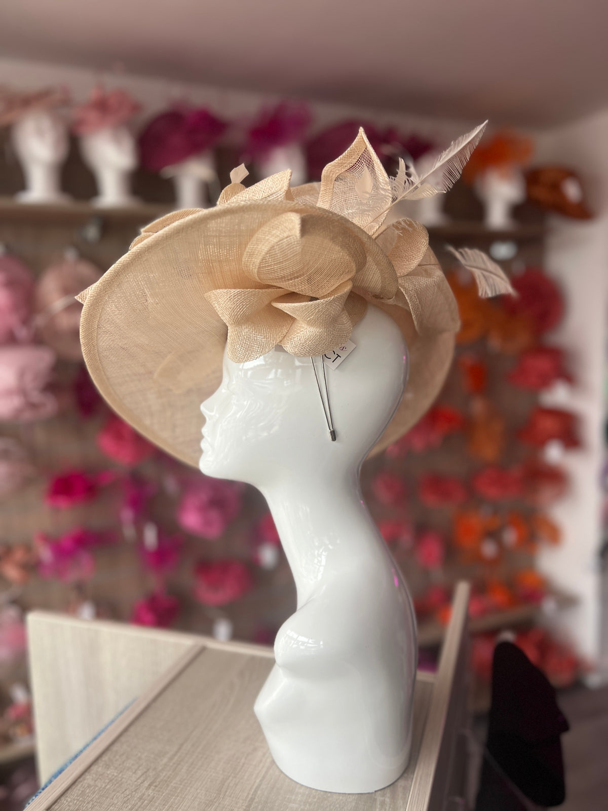 Deluxe Large Champagne Hatinator with Split Brim &amp; Feathers-Fascinators Direct