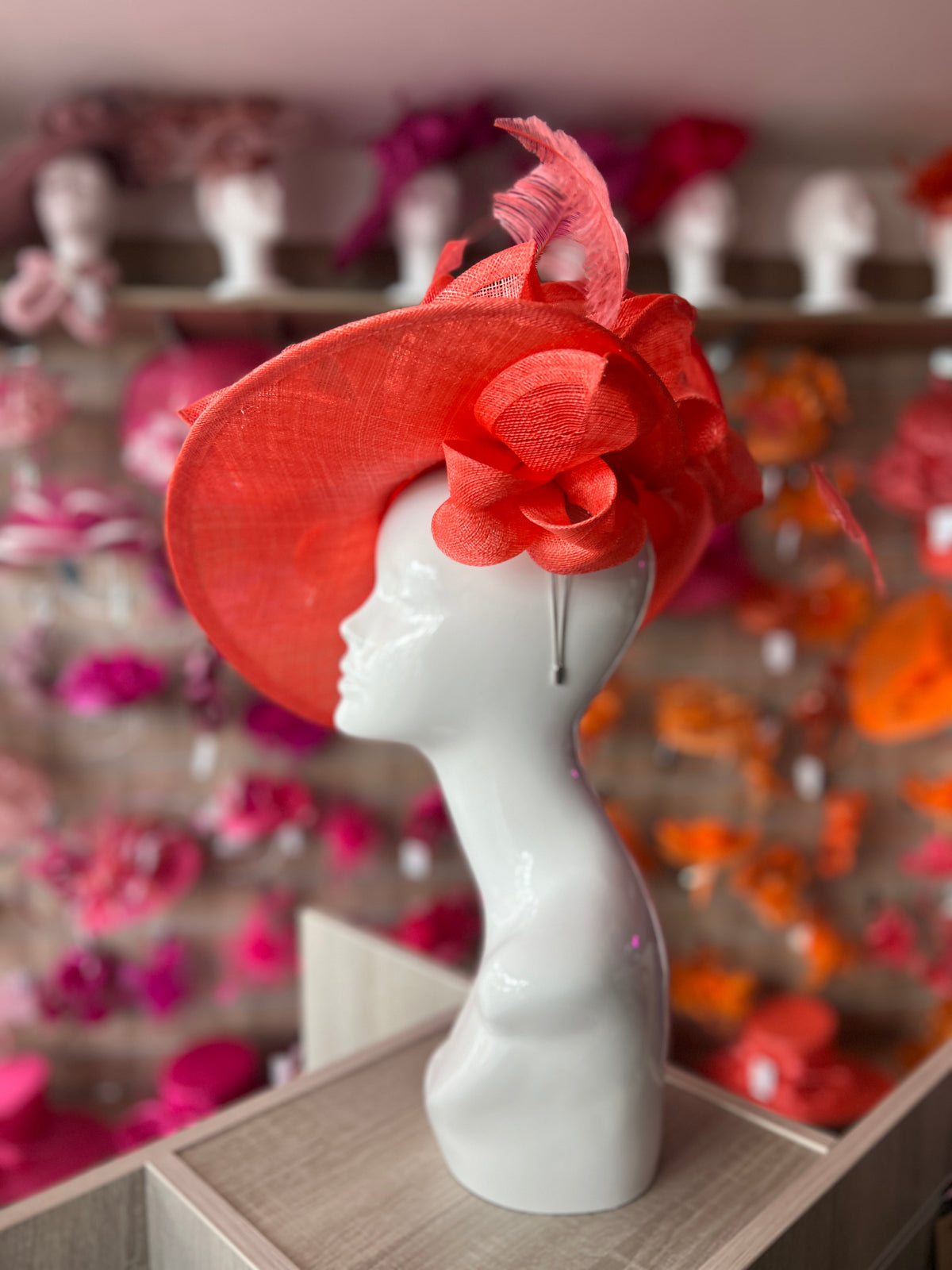 Deluxe Large Coral Hatinator with Split Brim &amp; Feathers-Fascinators Direct