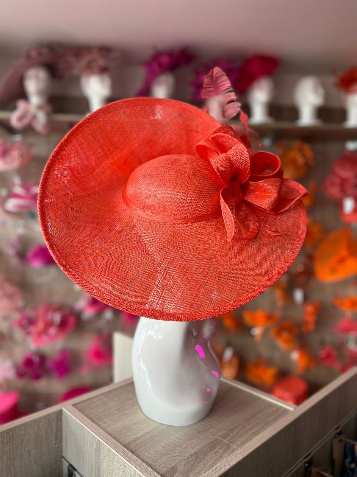 Deluxe Large Coral Hatinator with Split Brim &amp; Feathers-Fascinators Direct